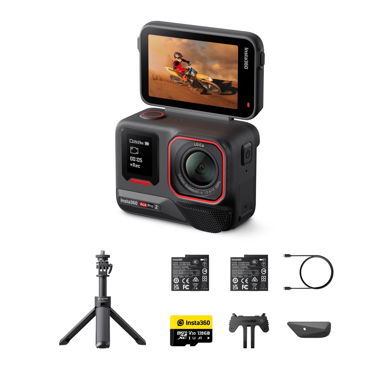 Insta360 Ace Pro 2 - ライカとの共同開発による防水仕様の8Kアクションカメラ。1/1.3インチセンサー、デュアルAIチップ 暗所性能 オーディオ、フリップ式スクリーン＆AI編集でVlogやオートバイなどに最適 スターターキット