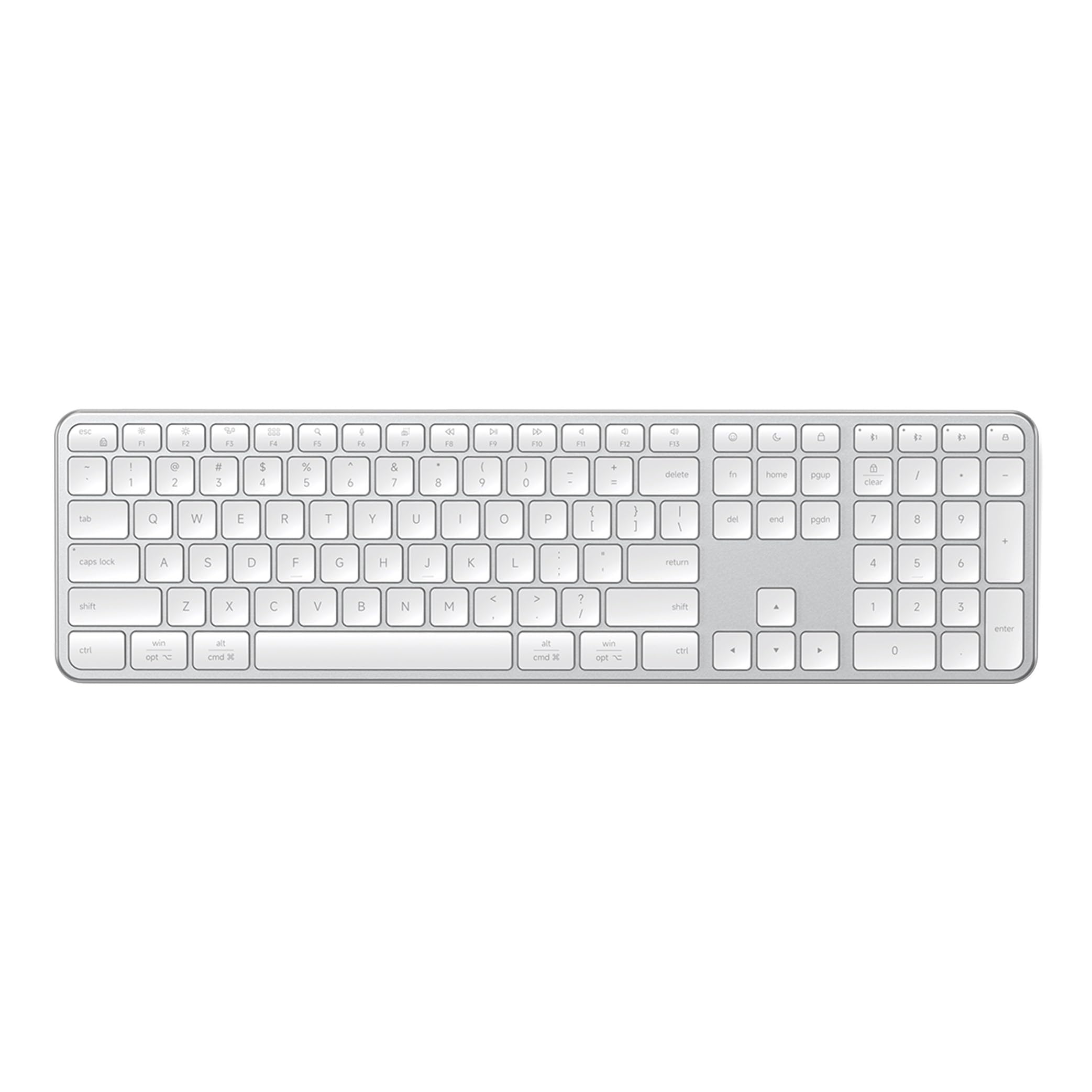 SATECHI Slim EX3 ワイヤレスキーボード、フルサイズキーボード（テンキー付き）、マルチデバイス対応Bluetooth、macOS／Windows／Android対応 2.4GHz接続、OSキー即時切り替え、USB-C充電式バッテリー、シルバー
