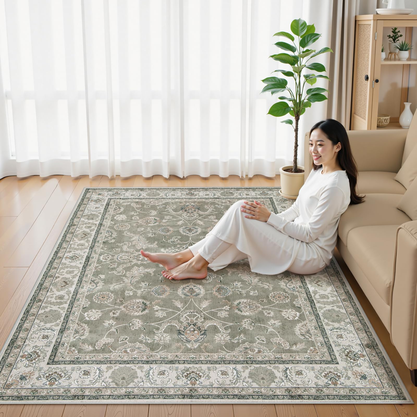 HAOCOO カーペット 200х250cm 3畳 滑り止め ペルシャ風 ラグ 洗える オールシーズン適用 花柄 防音 耐磨耗性 軽量 抗菌防臭 リビング ダイニング アンティーク ラグマット モスグレー|湖南オンライン