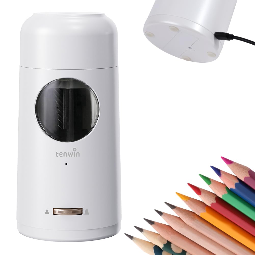 Tenwin スーパー全自動鉛筆削り 電動鉛筆削り 電動シャープナー 子供用 6-12mm鉛筆 コンパクト 安全設計 自動停止 USB充電 芯の3段調整対応 削りすぎ防止 ふと軸 小学生 文房具 美術 事務用 勉強グッズ 子供の贈り物 (ホワイト)