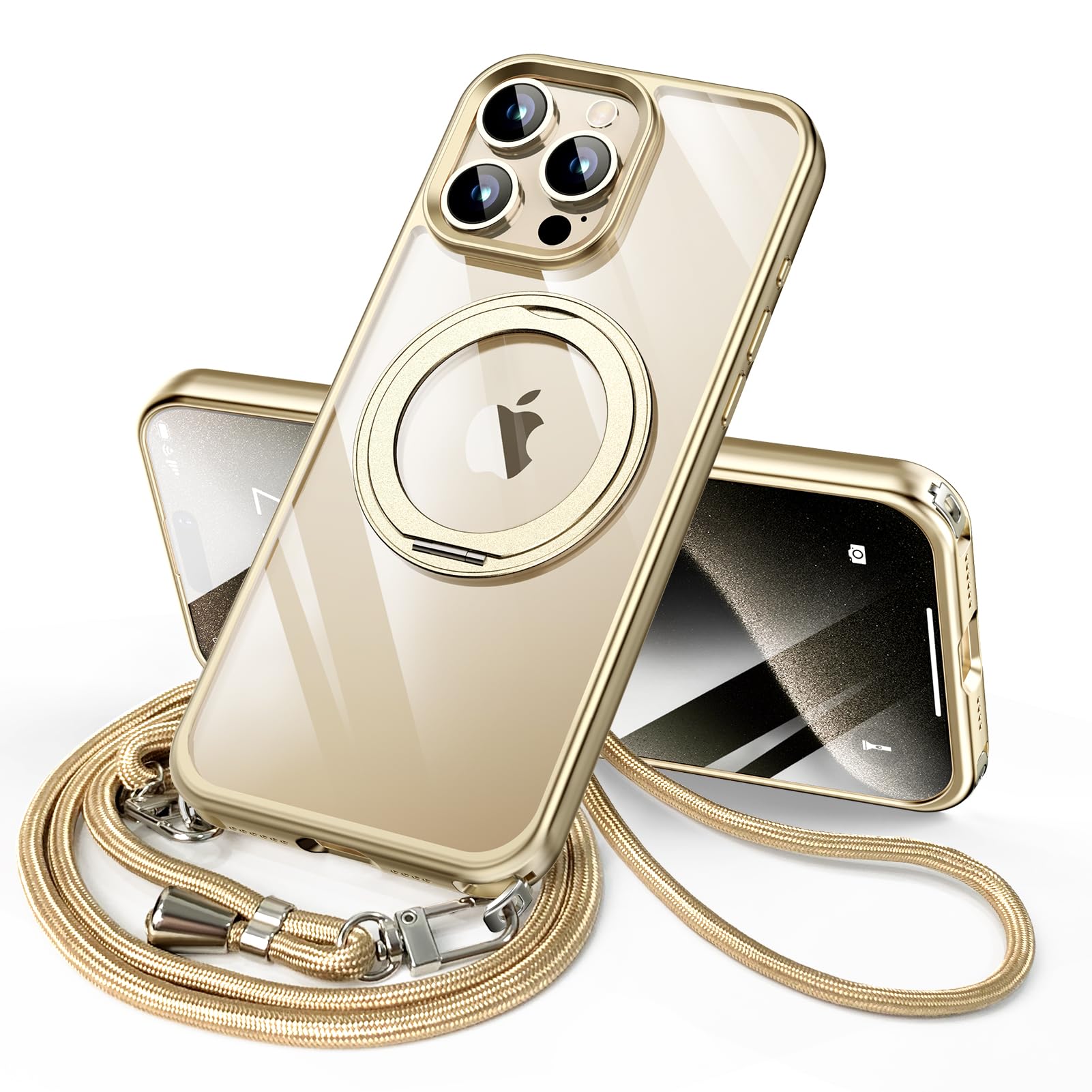 iPhone 15 Pro 用 ケース ダブルリング付き ショルダー ストラップ付き 多機能360度回転スタンド MagSafe対応 ワイヤレス充電対応 耐衝撃 いphone15pro用ケース 薄型 透明 PC + 軽量 シリコン TPUバンパー おしゃれ