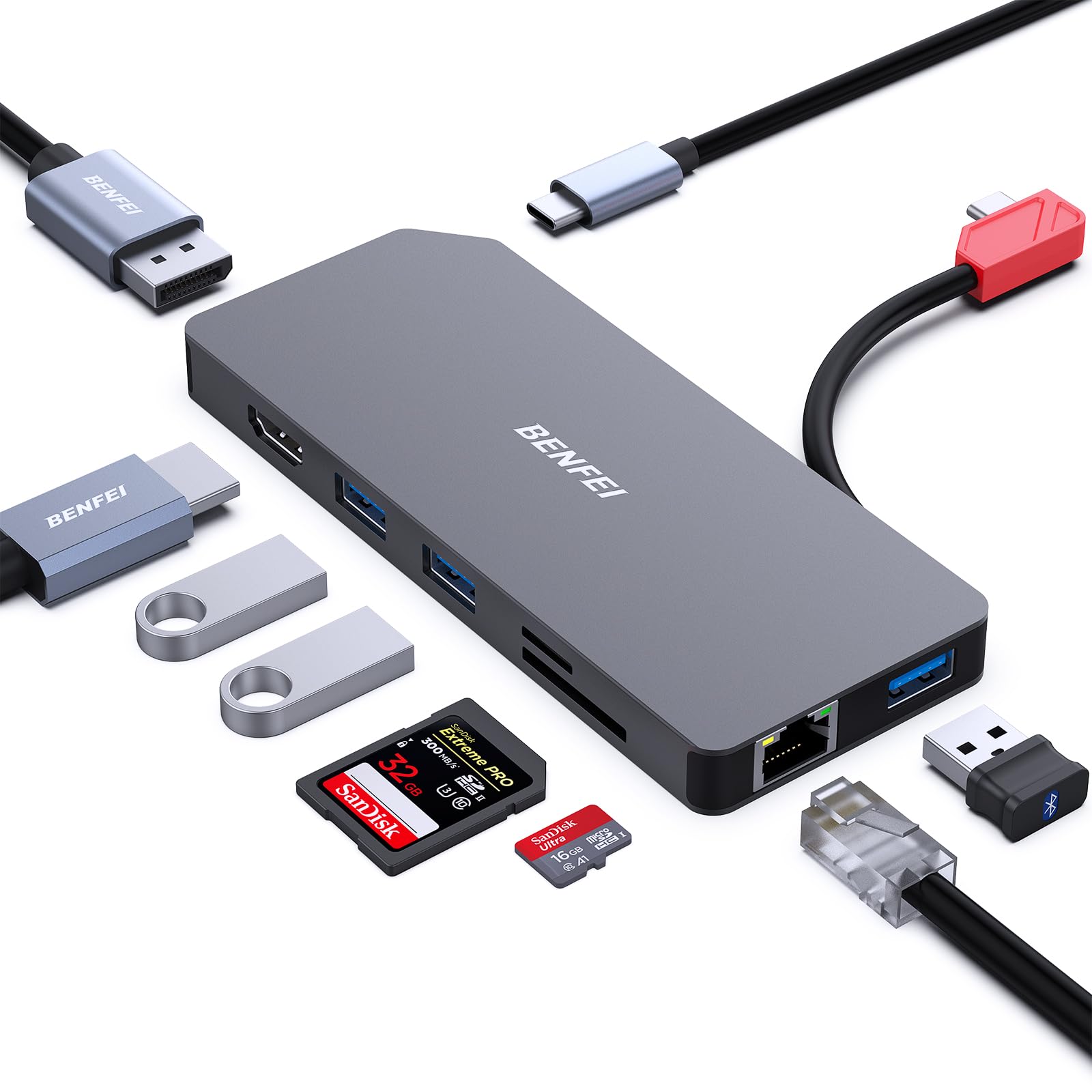 BENFEI 9-in-1 ポータブル ドッキング ステーション、USB C MST ハブ - HDMI DisplayPort デュアル モニター/3*USB Type-A/1*USB Type-C(10Gbps+100W PD)/SD/TF カード リ