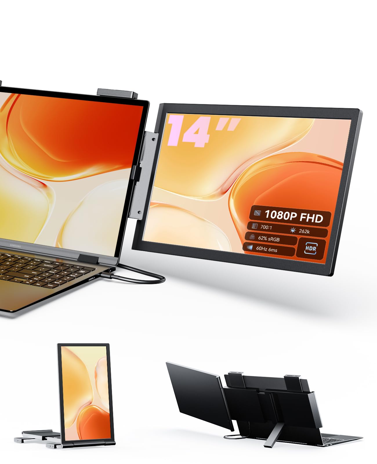 ZOOMEDIN モバイルモニター 14インチ ノートPC用 延長モニター 14-16インチ対応 フルHD 1080P IPS パネル デュアルディスプレイ 90-270°回転 画面共有 プレゼン用 ケーブル1本 接続簡単 Windows Mac (M1/|湖南オンライン