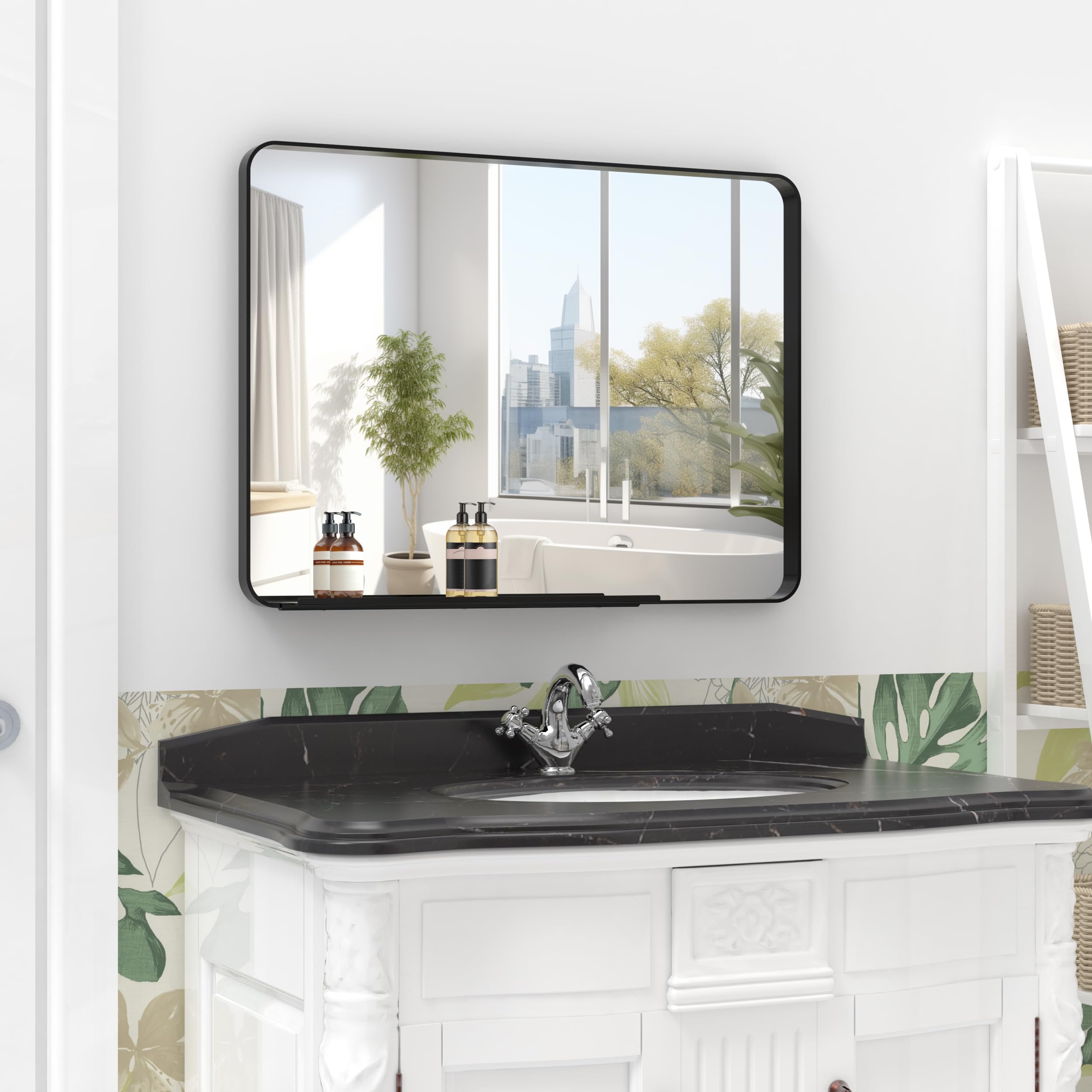 BEAUTME 鏡 壁掛けミラー アルミフレーム 壁掛け鏡 バスルームミラー 長方形ミラー 化粧鏡 リビング ウォールミラー 玄関 洗面 トイレ 収納ラック76.35×55.9cm,ブラック