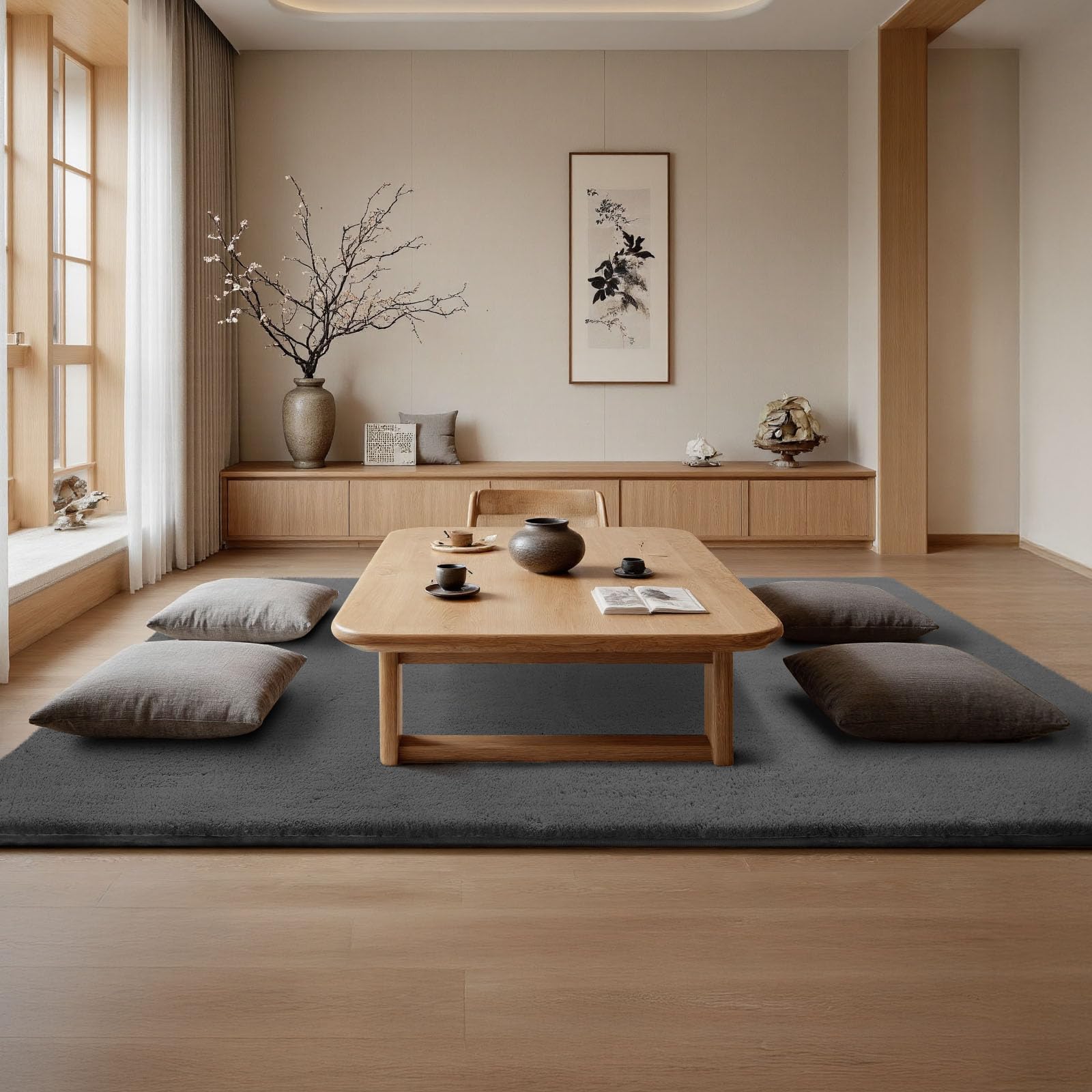 ラグマット カーペット 240x300cm 全厚約2cm 滑り止め付 洗えるラグ 抗菌 ふわっと手触り 防音絨毯 オールシーズ おしゃれな北欧風シャギーラグ 極厚ウレタンフォーム10mm 寝室、リビングルーム用のふわふわラグ、ダークグレー