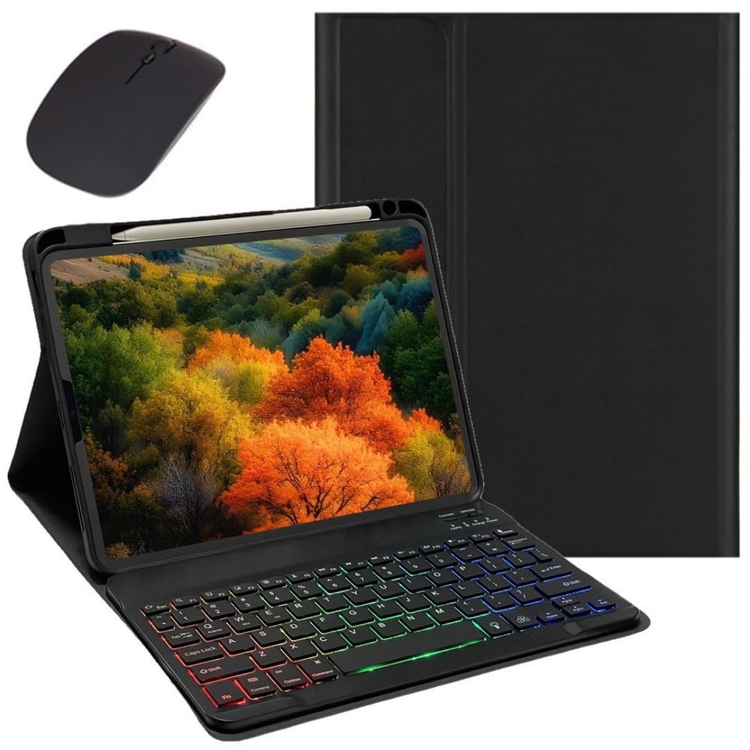 マウス付き iPad 11世代/10世代 バックライトキーボード iPad（A16）11インチ 2025/10.9インチ 2022 キーボードケース カラフル RGBバックライト 分離式 Apple Pencil 収納可能,黒+黒
