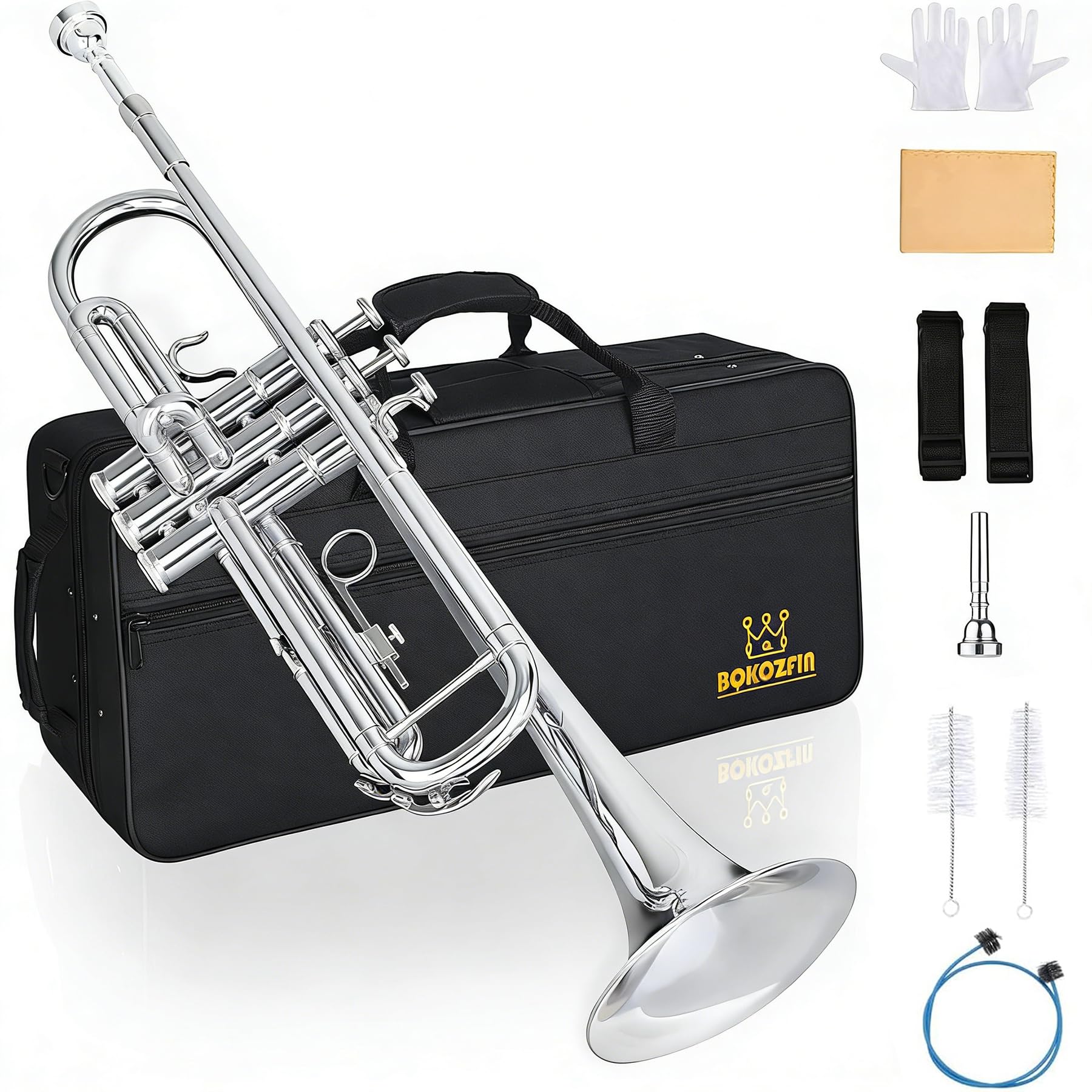 トランペット B♭調 管楽器 吹奏楽 Trumpet 初心者入門セット 清潔アクセサリー付 真鍮製 めっき加工 ニッケルメッキ トランペット シルバー|湖南オンライン