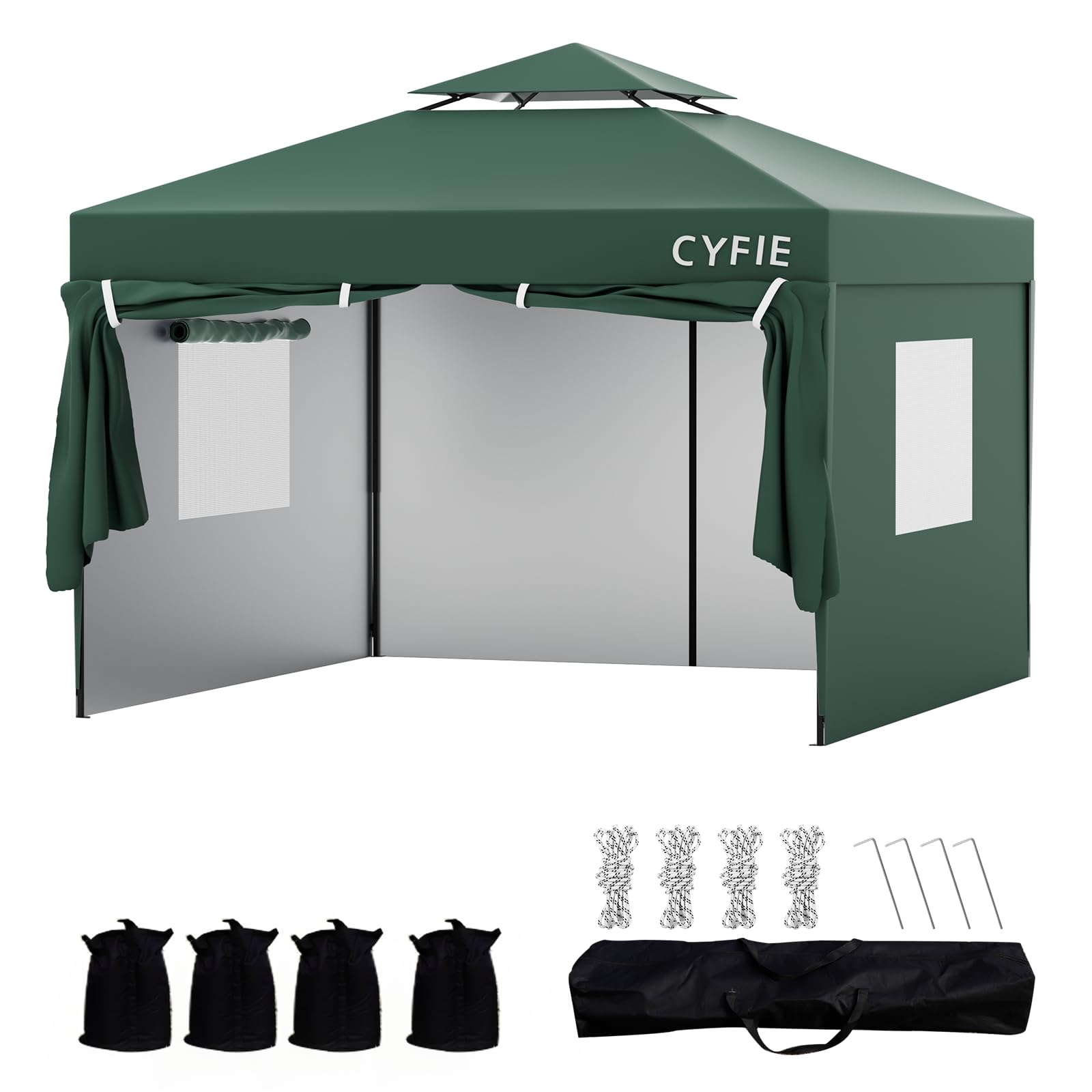 CYFIE タープテント ワンタッチ 3mx3m サイドシート 1枚付き ワンタッチ UVカット 耐水 スチール製 キャンプ ワンタッチテント 遮光 アウトドア用 遮熱 組み立て簡単 イベントテント 運動会 業務用 (グリーン, 3mx3m サイドシート4