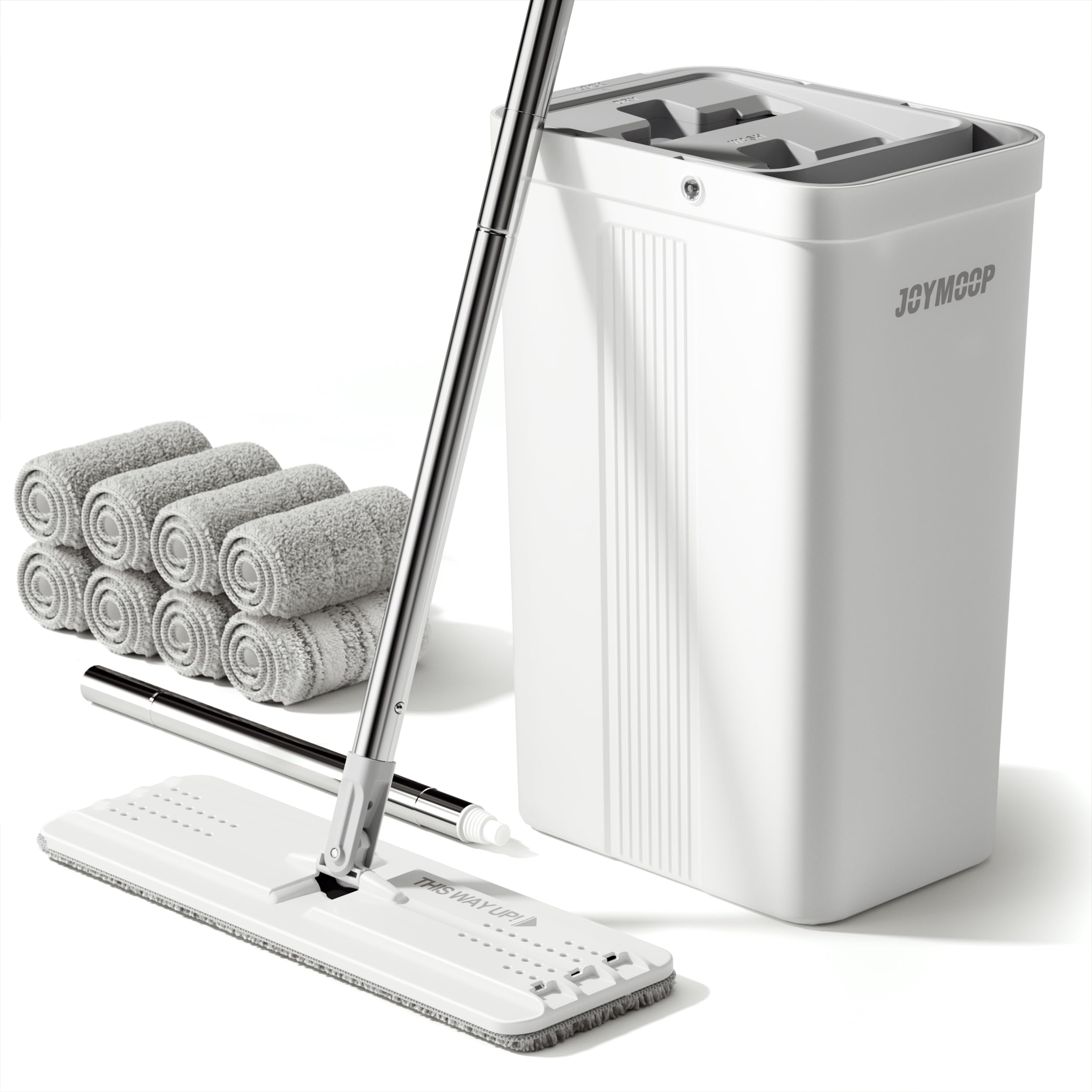 JOYMOOP モップとバケツセット 手動絞り機能付き フラットフロアモップ 壁掃除にも使えるロングハンドル 洗って繰り返し使えるマイクロファイバーパッド8枚 水拭き・乾拭き対応 フローリング対応