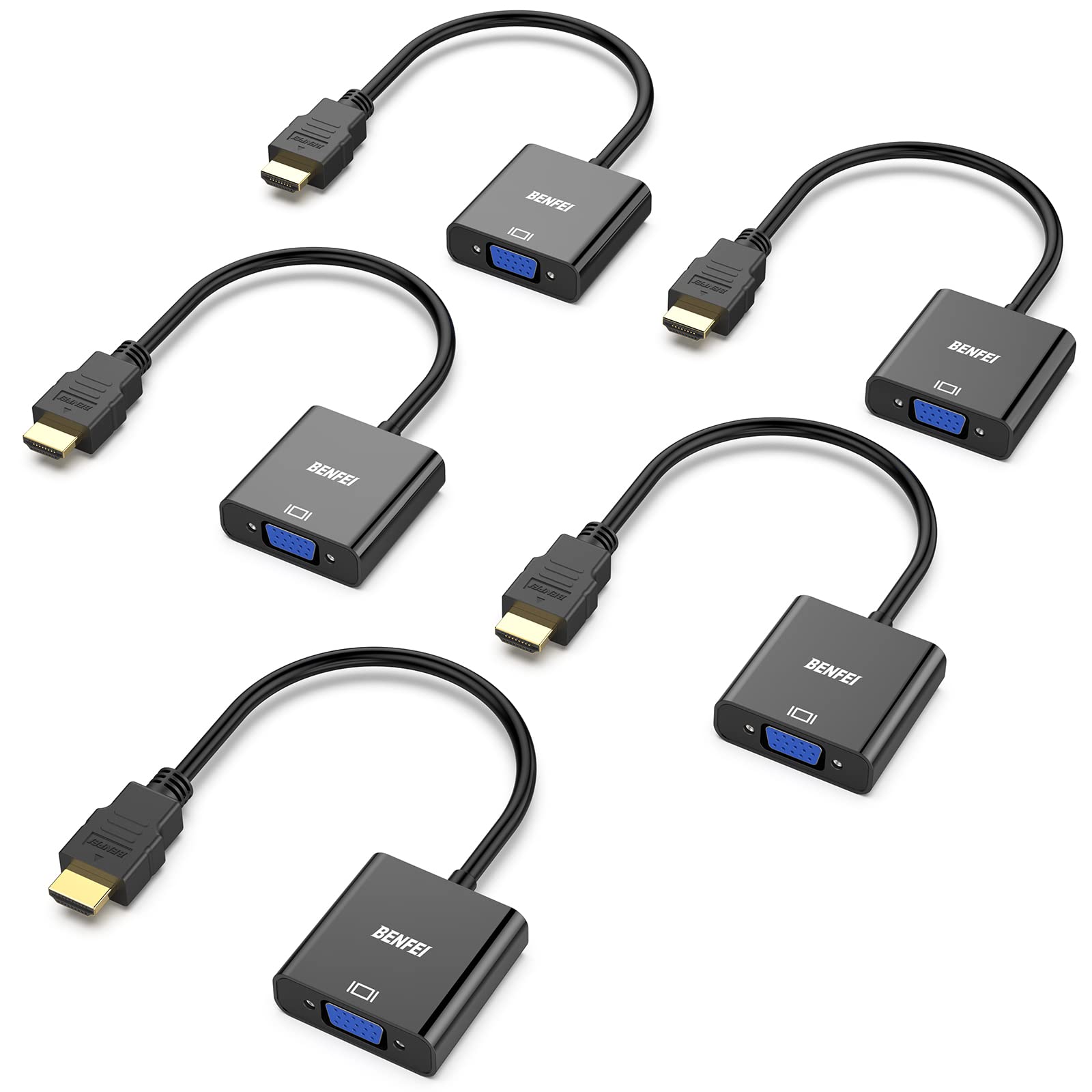 BENFEI 5個 HDMI-VGA(D-SUB)アダプター (オスからメス、逆方向に非対応) 1080pフルHD HDMI to VGAアダプタ コンピューター、デスクトップ、ノートパソコン、PC、モニター、プロジェクター、HDTV、Chromebook