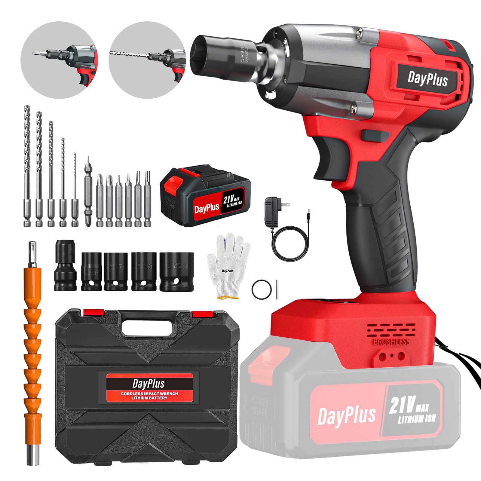 DayPlus電動インパクトレンチ 21V 最大トルク550N・m レンチ ドリルドライバー インパクトドライバー 一台3役 ブラシレスモーター レンチ LEDライト 3.0Ah バッテリー コードレス