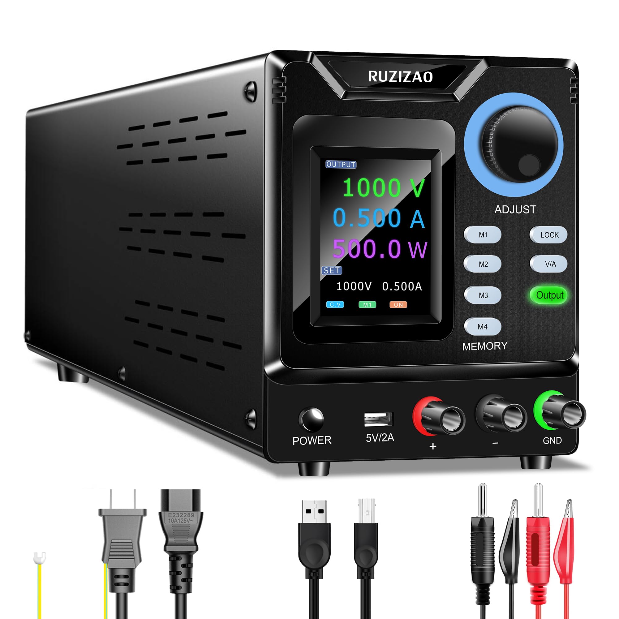 RUZIZAO 可変直流安定化電源(0-1000 V 0-0.5 A)安定化電源、エンコーダノブ、メモリ、出力スイッチ、ロックボタン付き、PCプログラム可能 、4 桁カラーディスプレイを備え、USB-Aインタフェース、低ノイズ&リップル、学校の実験室と電気