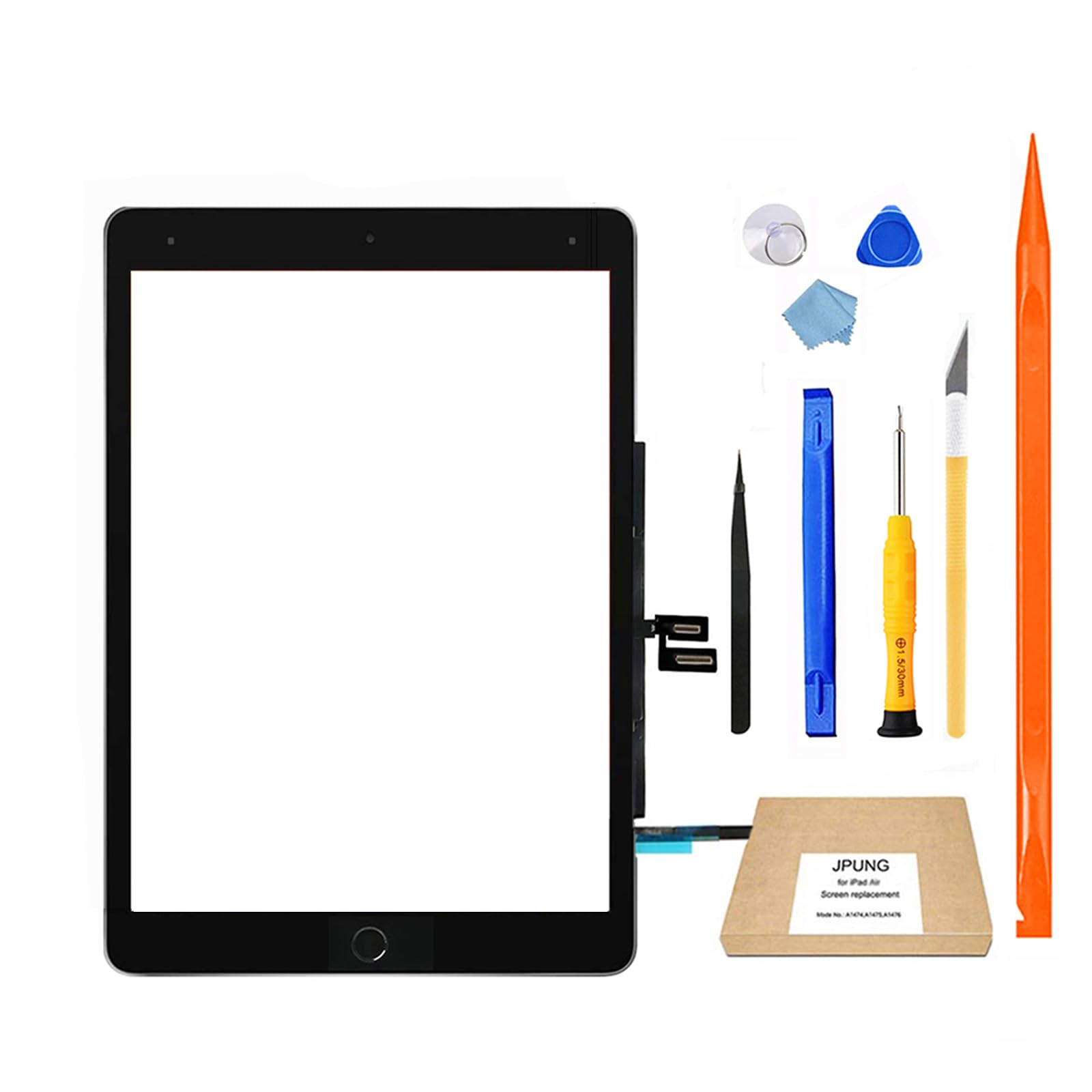 JPUNG タッチスクリーンデジタイザー iPad 第9世代用(A2602 A2603 A2604 A2605)，画面交換修理，10.2インチ 2021 フロントガラス交換 ホームボタン&ツール修理キット