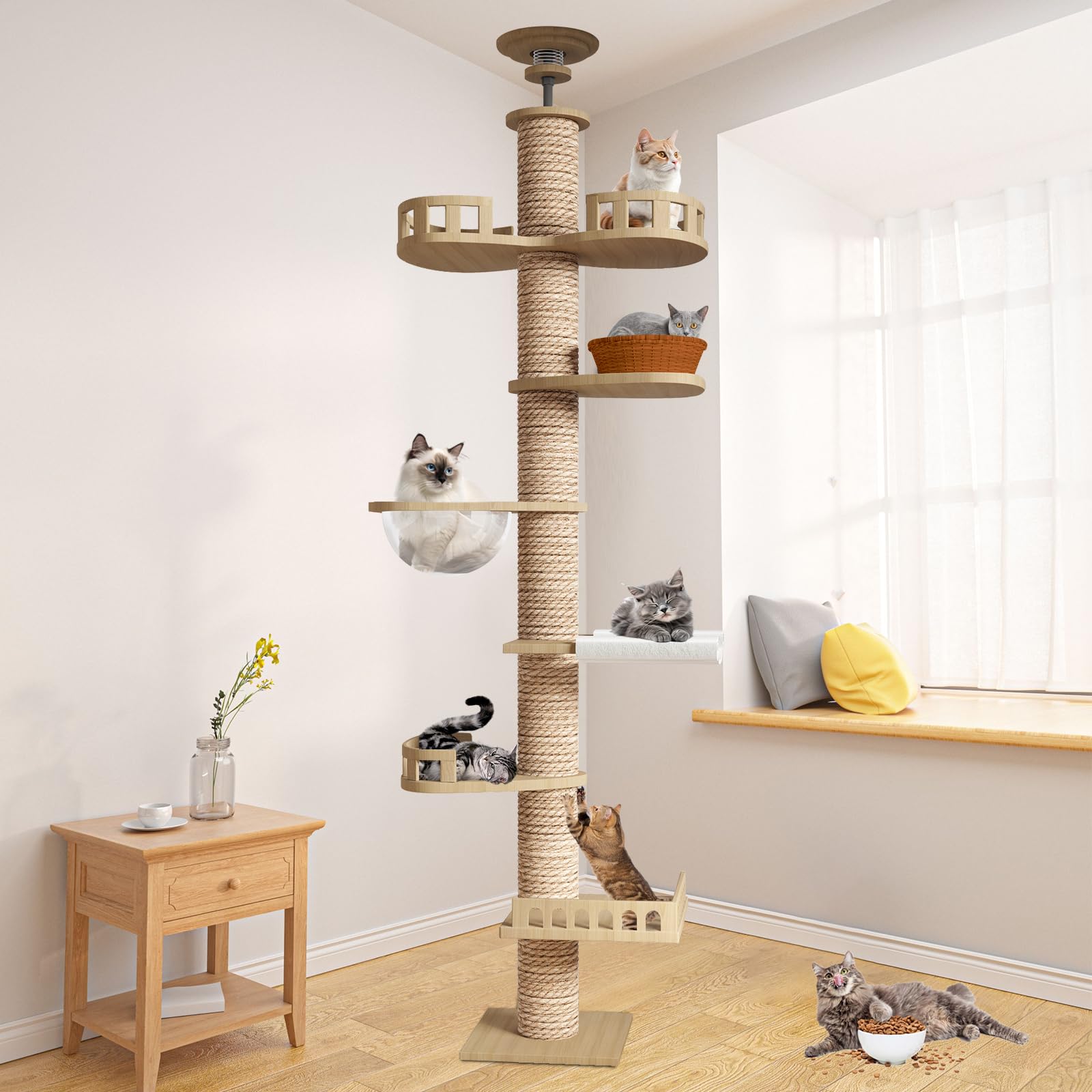 CozyMeow キャットタワー 突っ張り 木登りタワー 木製 キャットツリー スリム 宇宙船 ハンモック 多層無垢材 太い支柱 大型猫用 多頭飼い 猫タワー 爪とぎ つめとぎ 猫 人気 おしゃれ かわいい ねこ キャットウォーク 安定性良い 高さ調整幅2|湖南オンライン