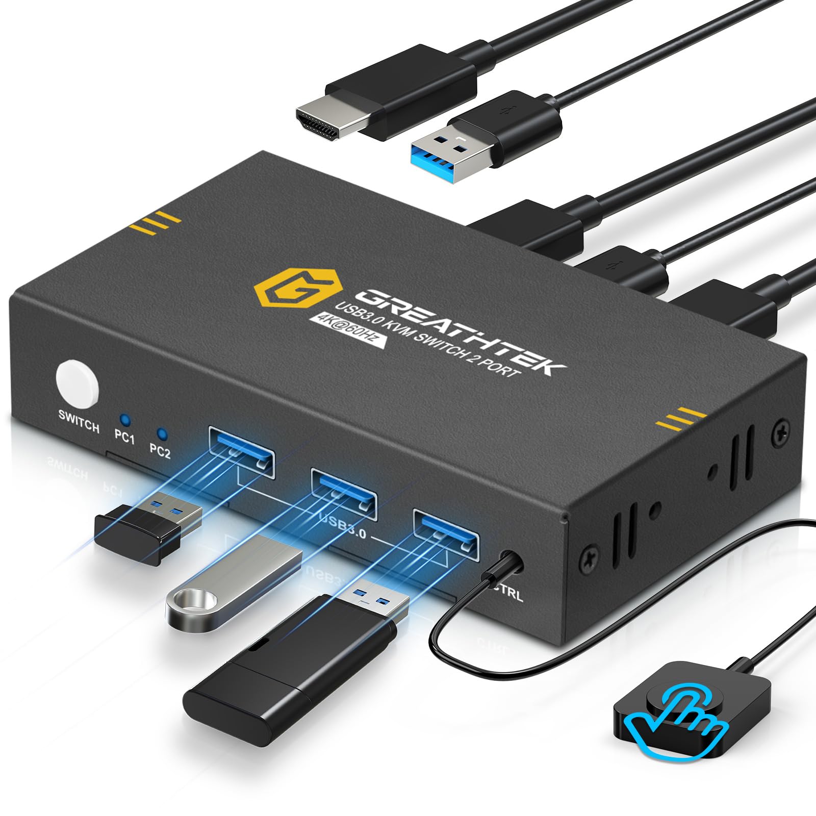 KEBENES USB3.0 KVMスイッチ、2台のPCを1台のモニターに接続、4K@60Hz解像度、HDMI KVM切替器 2入力1出力、ボタン&有線リモコン切り替え対応、仕事/会議/娯楽に最適