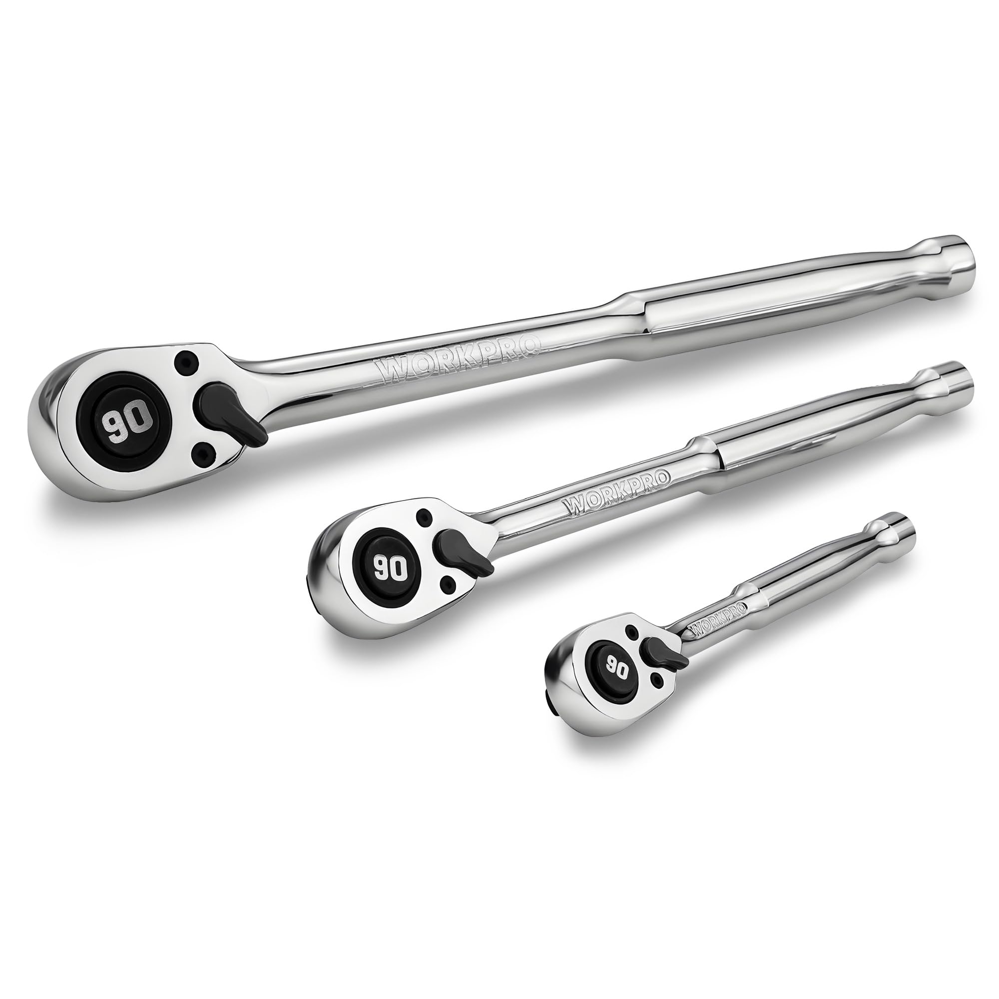 WORKPRO ラチェットハンドルセット 薄型 ラチェットレンチセット 3点入 差込角6.35mm/9.5mm/12.7mm 90ギア 回転方向切替簡単 速脱ボタン コンパクト ボルト・ナット・ネジの締付け 緩め作業 車のメンテナンス バイク 機械点検 補