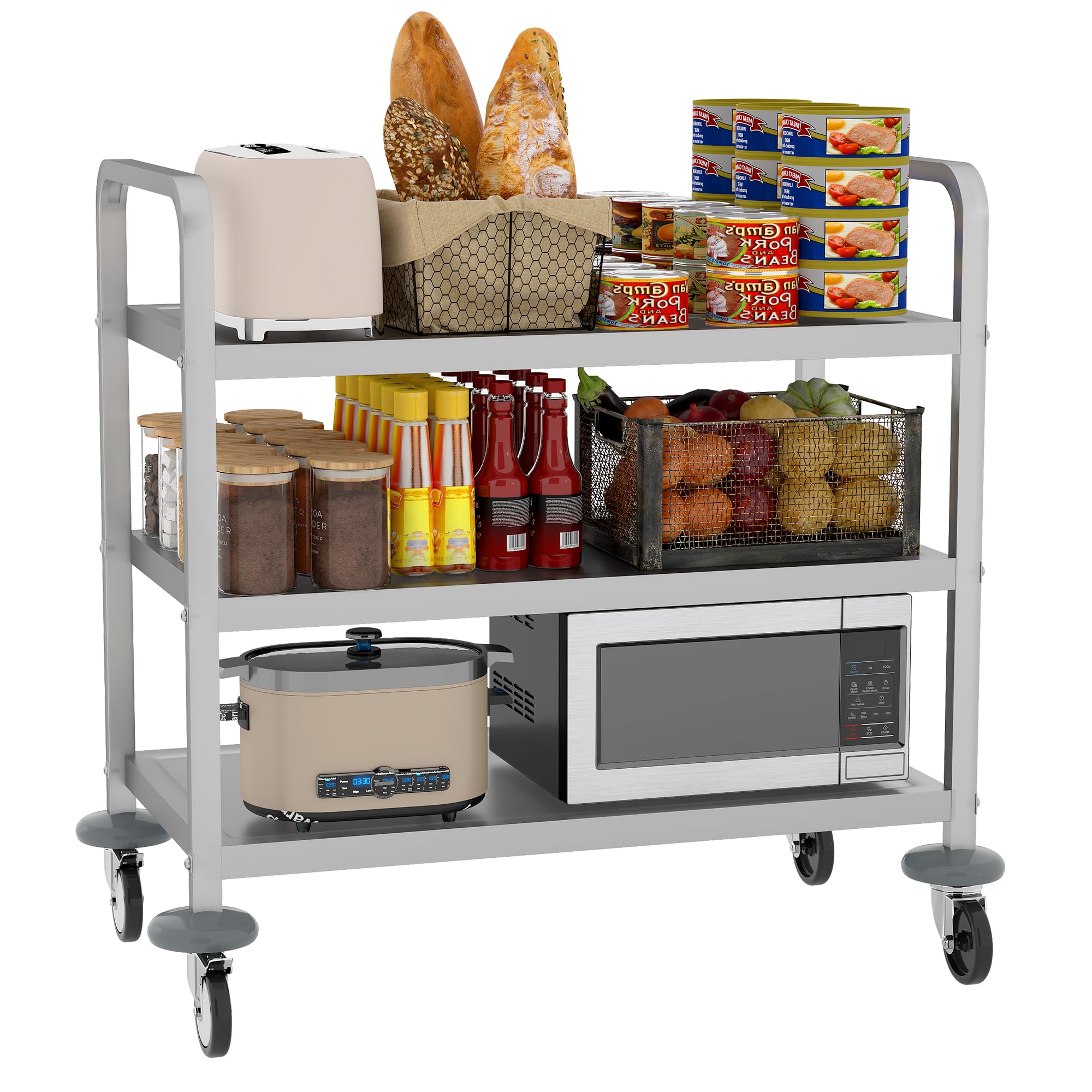 TCATEC サービスカート 配膳ワゴン 3段 ステンレス製 配膳車 耐荷重約150kg 75*40*83.5cm 組立式 ホイール付き キッチンカート サービスワゴン キッチンラック レストラン/ホテル/食堂など適用