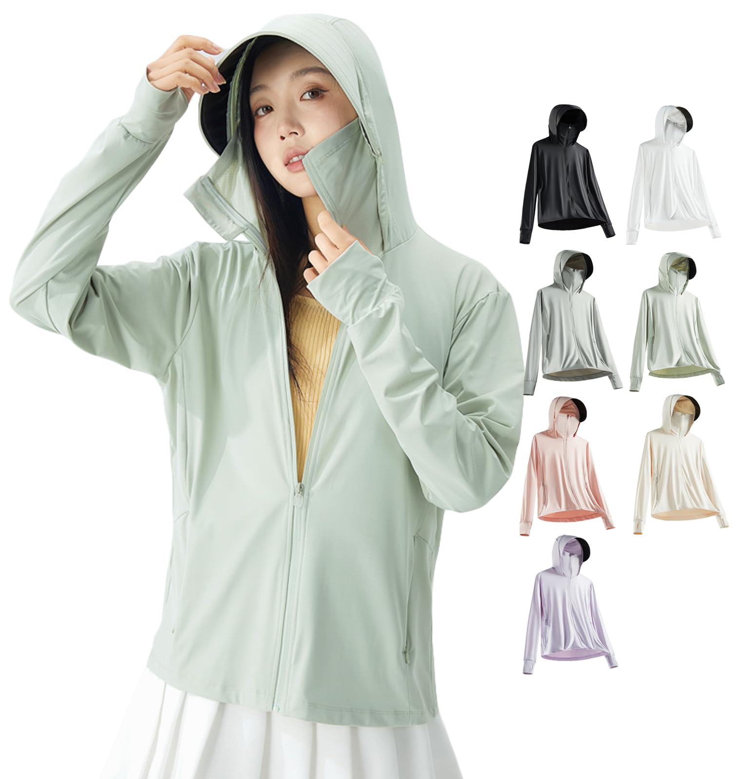 [LLHfashion] uvカットパーカー ラッシュガード 日焼け止め 薄手 パーカー レディース UPF50+ 長袖 フード付き 紫外線対策 通気性 軽量 帽子付き 指穴付き green 2XL