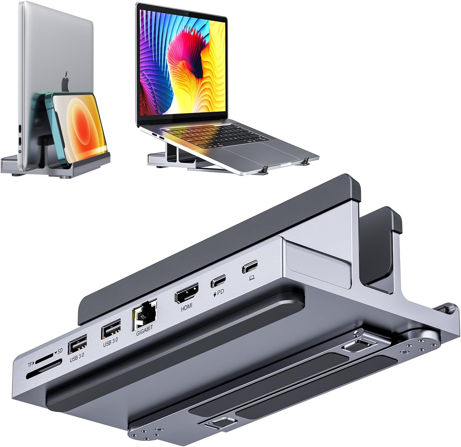 ドッキングステーション スタンド一体型: QUUGE 7-in-1 USB ドック 縦置き型 HDMIポート ドックステーション 4K@60Hz映像出力 USB-C ハブ スタンド型 PD対応 85W急速充電 2×USB 3.0 5Gbpsデータ転送 1G