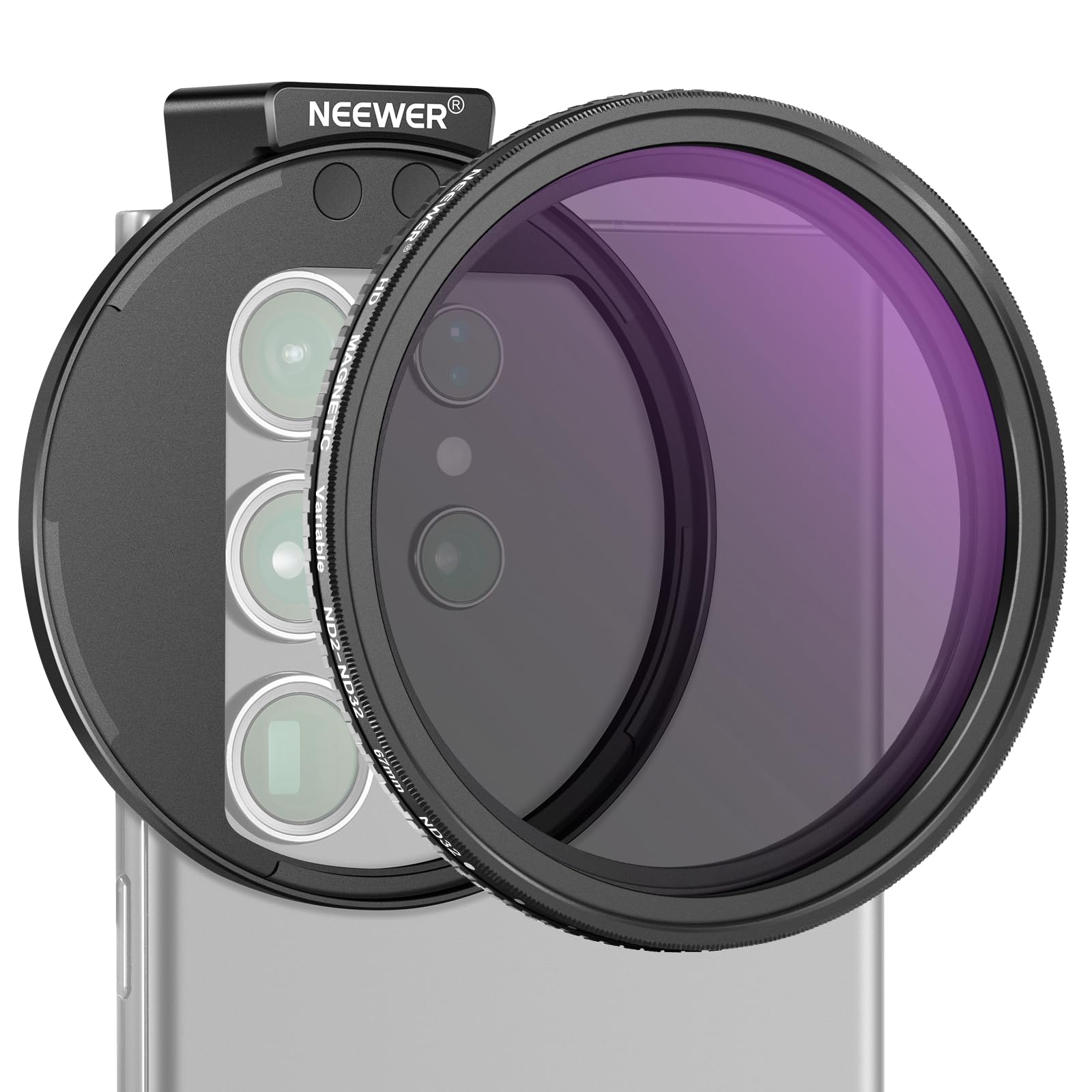 NEEWER 67mm クリップオン 可変磁気ND2-ND32スマホレンズフィルターキット 磁気アダプターリング/コールドシュー/ロッキングノブ付きスマホクリップ コンパチブル iPhone 15 Pro Max 14 13 Galaxy S22 S23