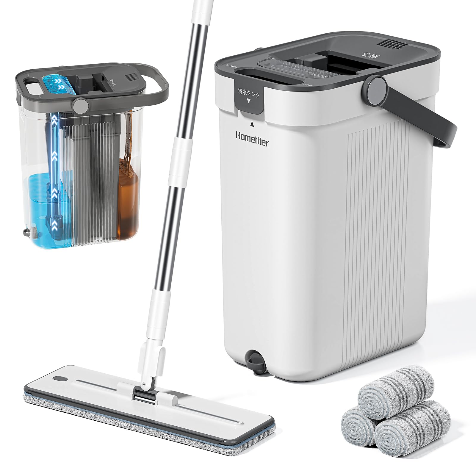 HoMettler 三槽式汚水分離フラットモップセット モップバケツセット 360°回転 スクレーパー付き 超細繊維モップパッド付き 手洗い不要 手が汚れない 床掃除 家庭用 4枚布セット付き