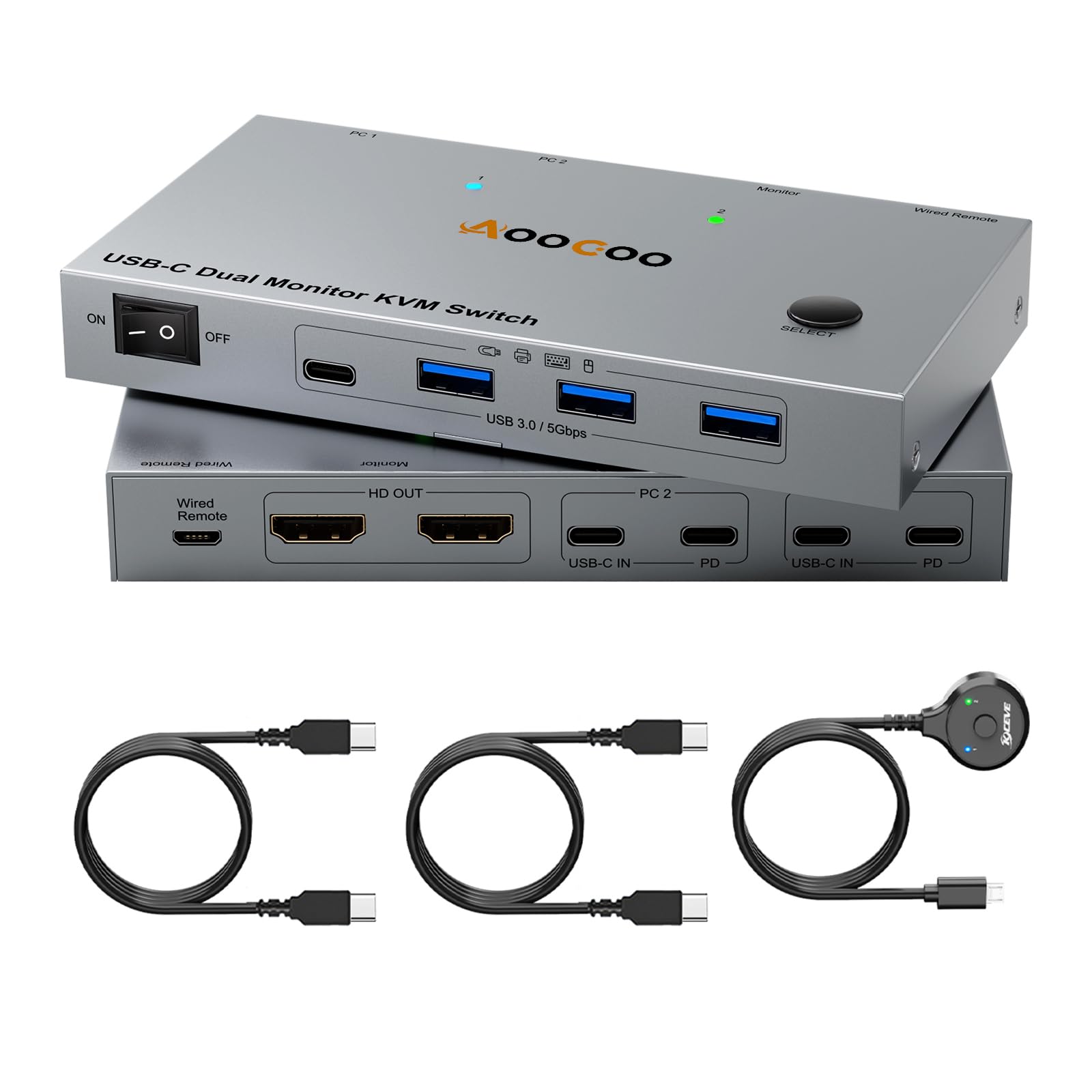 USB-C デュアルモニター KVMスイッチ 2入力2出力 ノートPC用 4K@60Hz KVM切替器 Type-C 100W PD充電、パソコン切替器 2台 Type-C、2台のモニターと１組のキーボード マウスを共有できる、手元スイッチやUSB-Cケー｜湖南オンライン
