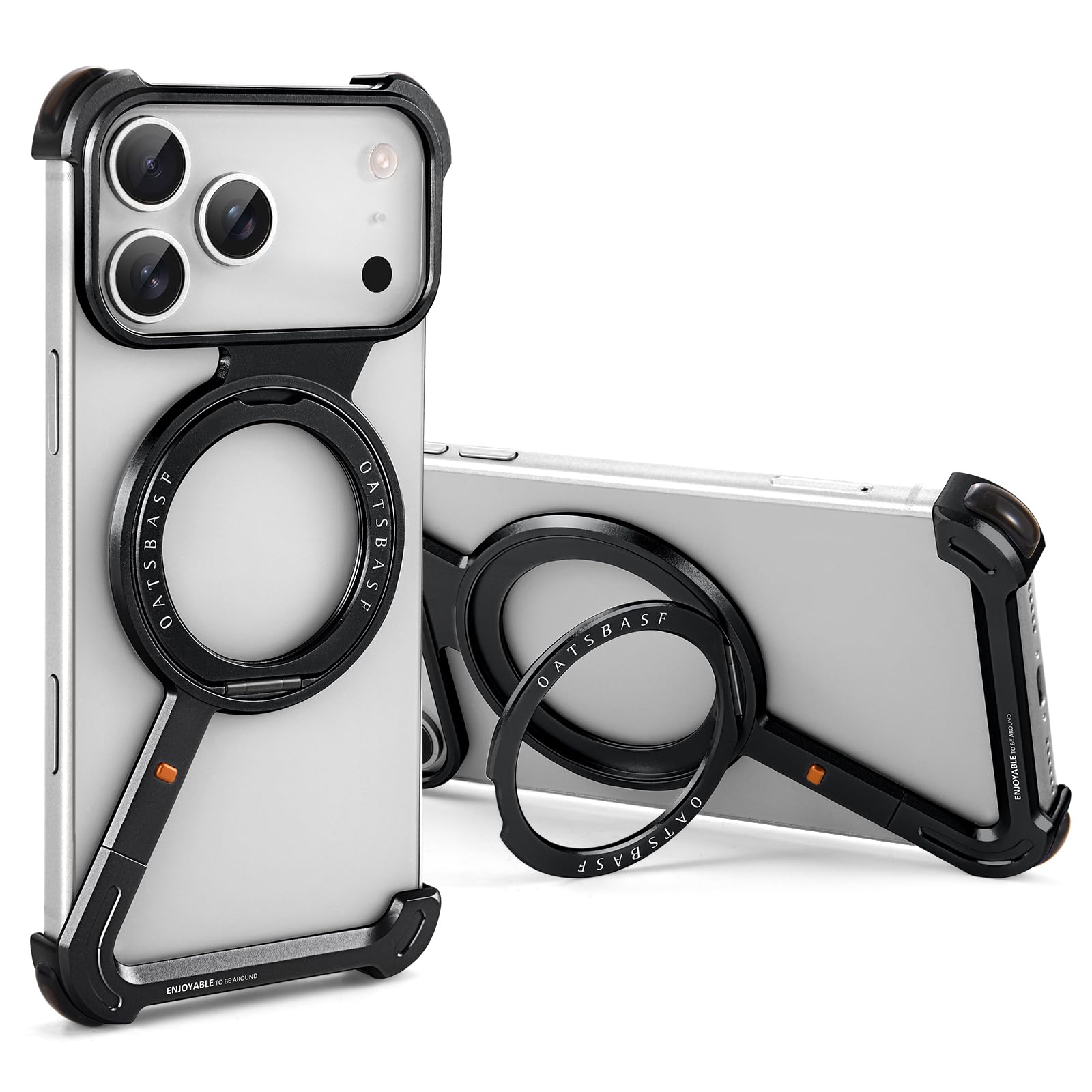 OATSBASF iPhone 17 Pro 用 ケース と互換性のあるミニマリスト スマホケース 360°回転キックスタンドアルミ金属フレームレスデザインバンパーケース 耐衝撃 横縦両立 MagSafe対応 ワイヤレス充電対応 保護ショックグレードシェル