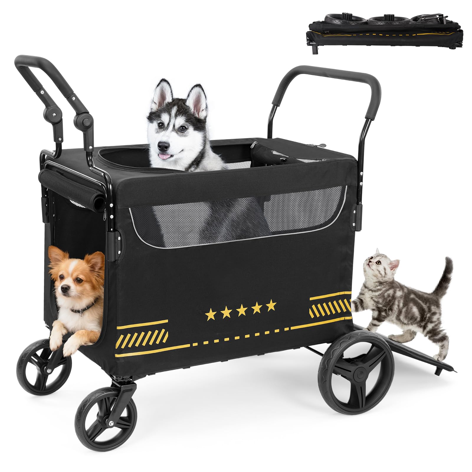 VOISTINO【広々大空間】ペットカート 犬カート ペットバギー 折りたたみ 双方向プッシュプル バリアフリー設計 飛び出し防止 耐荷重80kg 前輪360°回転 後輪ブレーキ付き 通気性 4輪 多頭 老犬介護用 猫 ブラック|湖南オンライン
