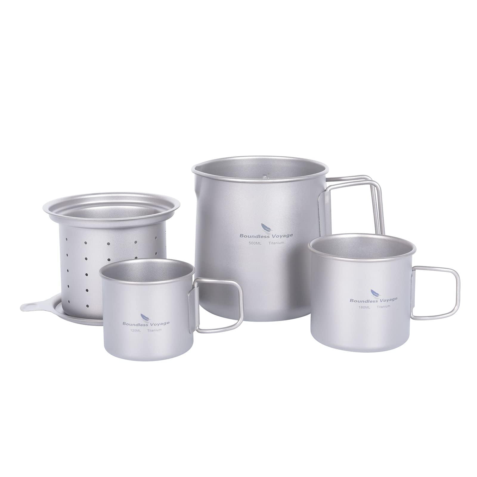Boundless Voyage チタンマグカップ 500ml ミニカップ2個 セット 茶こし付き 蓋付き 目盛り 折りたたみハンドル サビない 軽量 コンパクト アウトドア キャンプ用品 コーヒー・ ティーカップ 収納袋付き(シングルマグ+小さめマグカッ