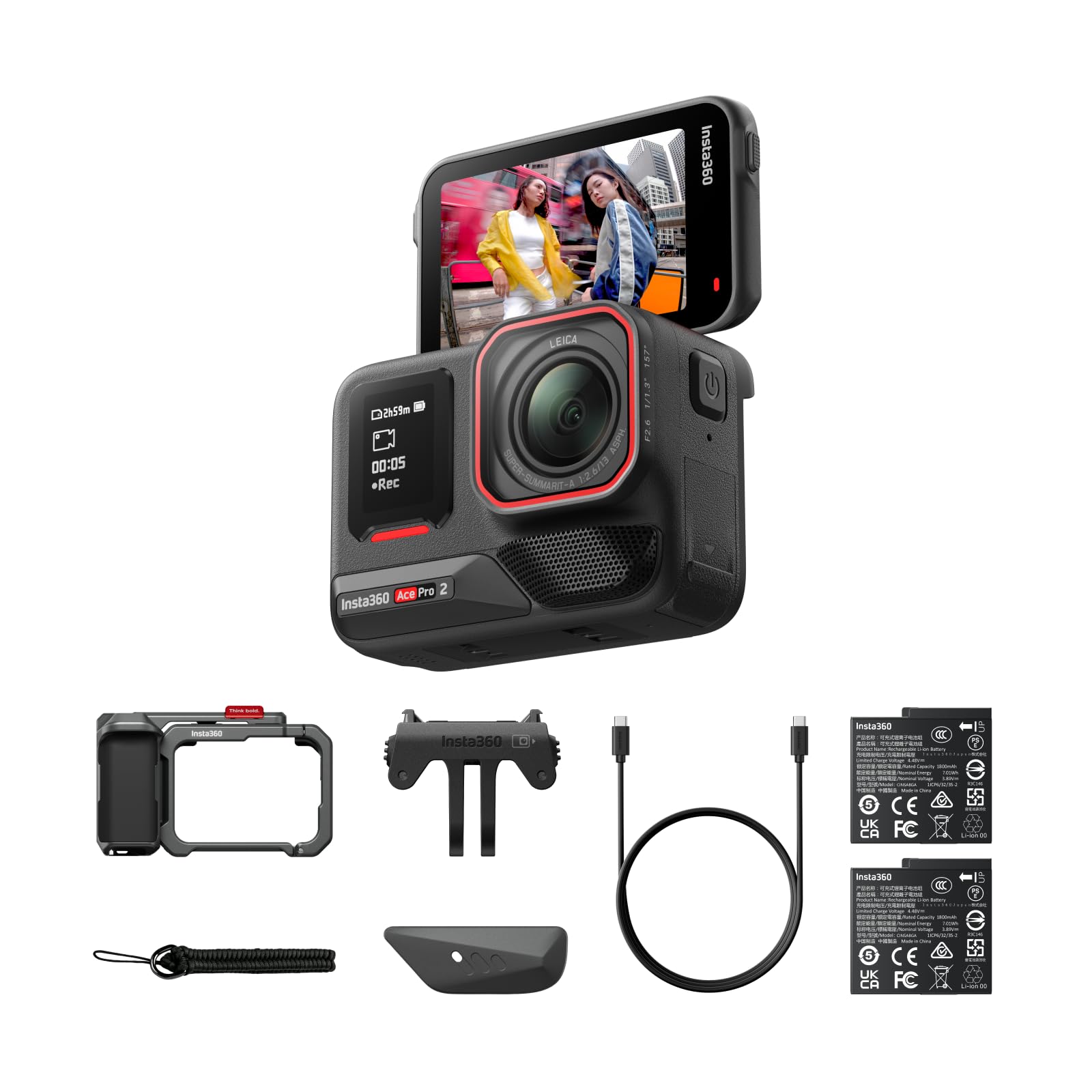 Insta360 Ace Pro 2 - デュアルバッテリー ライカとの共同開発による防水仕様の8Kアクションカメラ。1/1.3インチセンサー、デュアルAIチップ 暗所性能 オーディオ、フリップ式スクリーン＆AI編集でVlogやオートバイなどに最適 街撮り