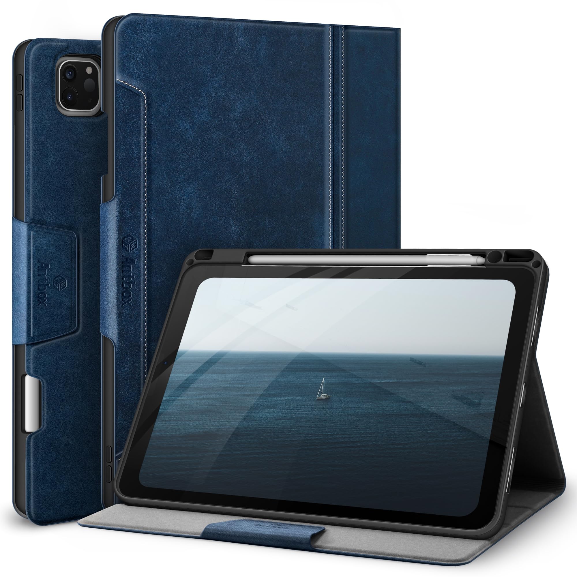 Antbox iPad Pro 11インチ ケース 第4/3/2/1世代兼用 Pencil 2 収納/ペアリングとワイヤレス充電対応 ひび割れ防止 PUレザー製iPad Pro 11 カバー オートスリープ＆スタンド機能付き (青)