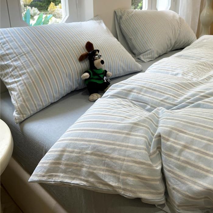 「§ｚｚ．ｌｕｘｉ」布団カバーセット ダブル 4点セット ins ストライプ シンプル 寝具カバー 洋式・和式兼用 ベッドカバー 掛け布団カバー 韓国 ボックスシーツ 枕カバー シーツカバー 肌に優しい ピーチスキン加工 北欧風 オールシーズン（ブルーグレ
