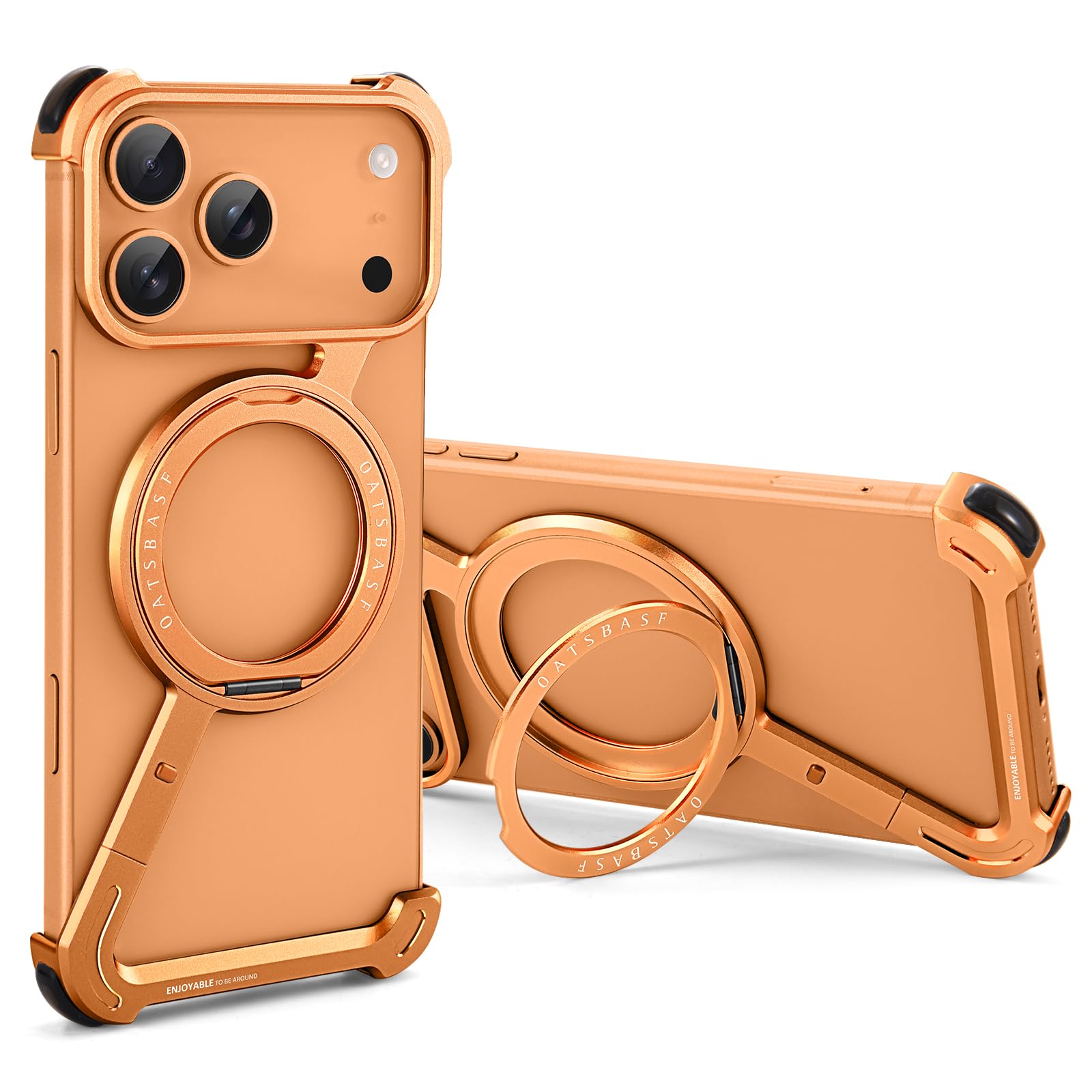 OATSBASF iPhone 17 Pro Max 用 ケース 金属製シンプル無・框デザイン 360°回転スタンド 耐衝撃 横縦両立 MagSafe対応 ワイヤレス充電対応 保護ショックグレードシェル オレンジ