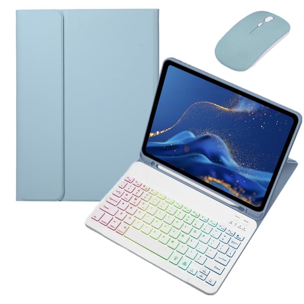 マウス付き Redmi Pad SE 8.7インチ用 キーボードケース カラフル バックライト付き Redmi Pad SE 8.7対応 キーボード 保護カバー 虹色バックライト マグネット分離式 ペンホルダー付き,霧ブルー