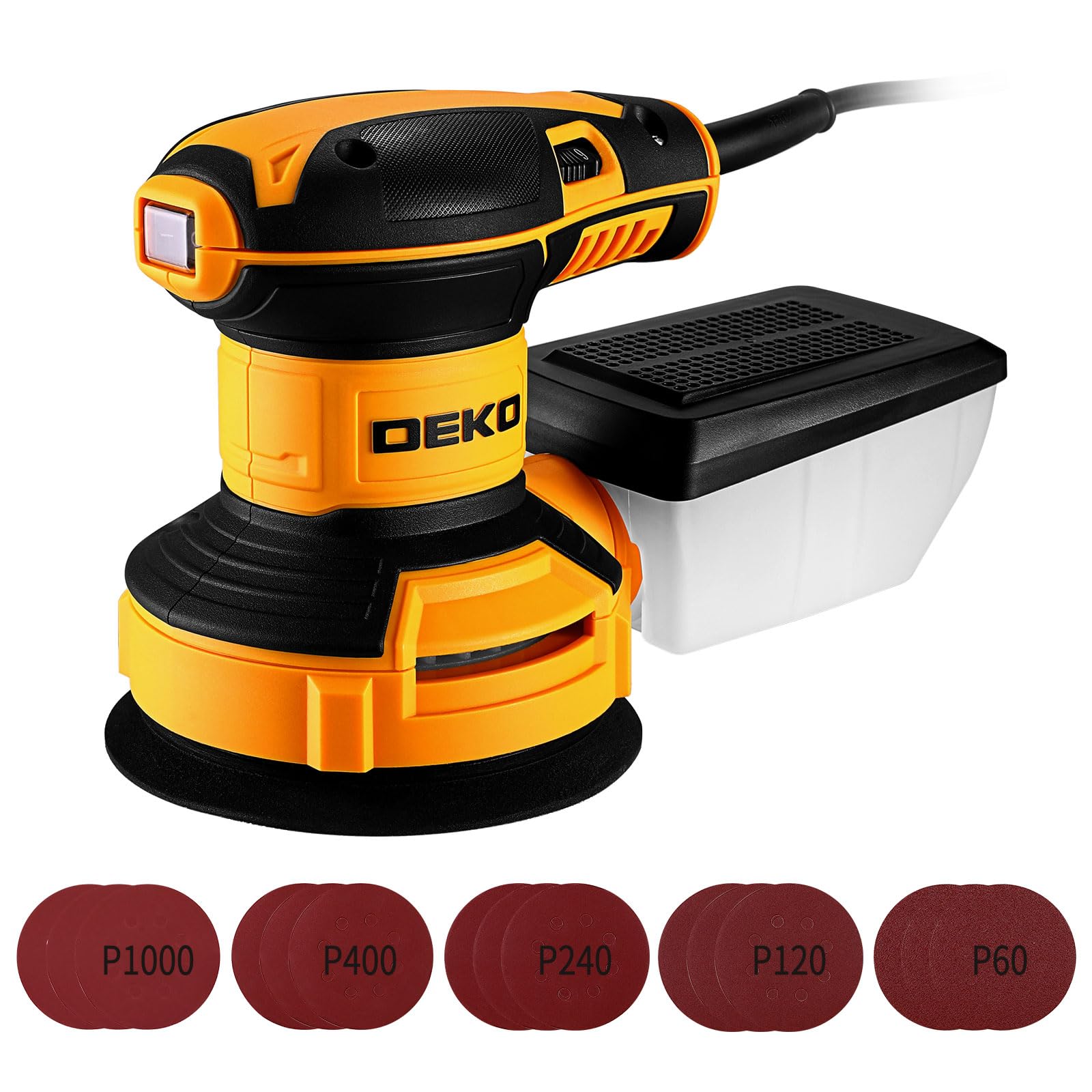 DEKOPRO ランダムサンダー 電動 サンダー 300W 14000RPM 電動サンダー 6段階調速 高集塵システム サンドペーパー 15枚 仕上げサンダー DIY 日曜大工 木工作業 研磨 仕上げ 荒削り 日本語取扱説明書