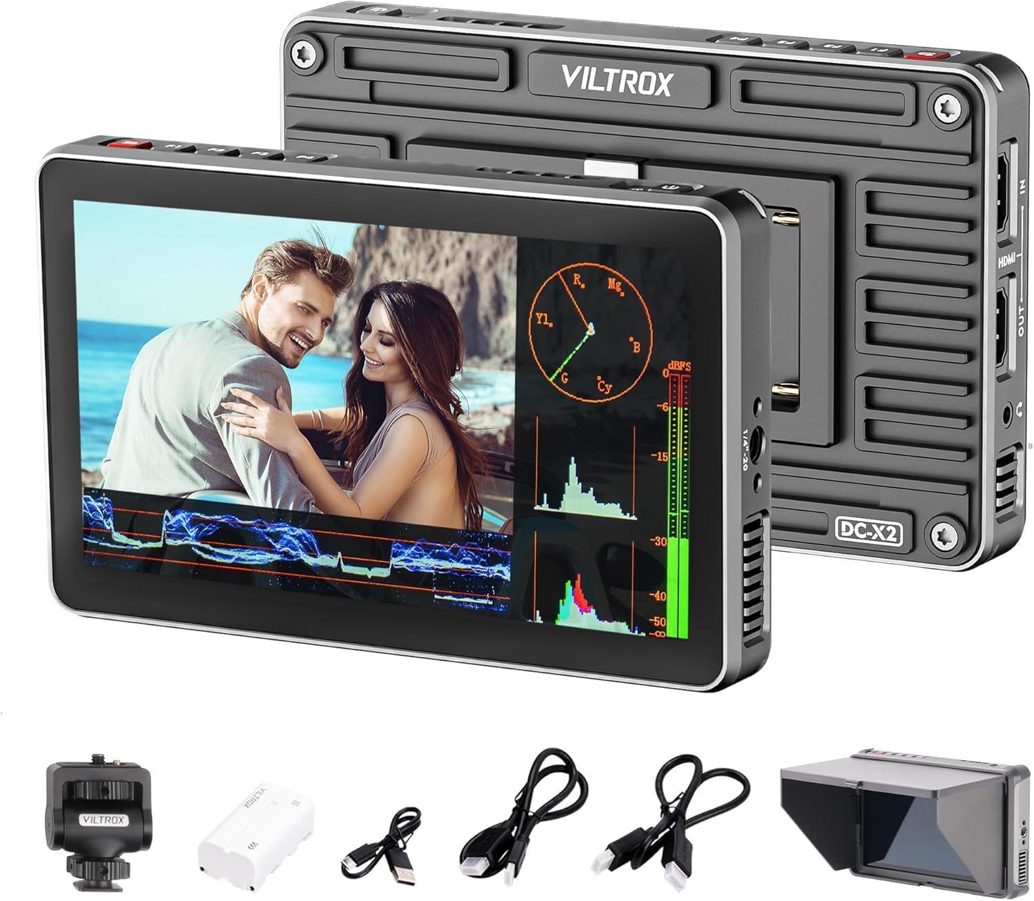 VILTROX DC-X2 高輝度2000nits カメラ フィールドモニター 6インチ タッチ式 外部モニター カメラ 4K HDMI フル HD 1920x1080 カメラモニター 3D LUT RGB波形 サンシェードフードとバッテリー 付き