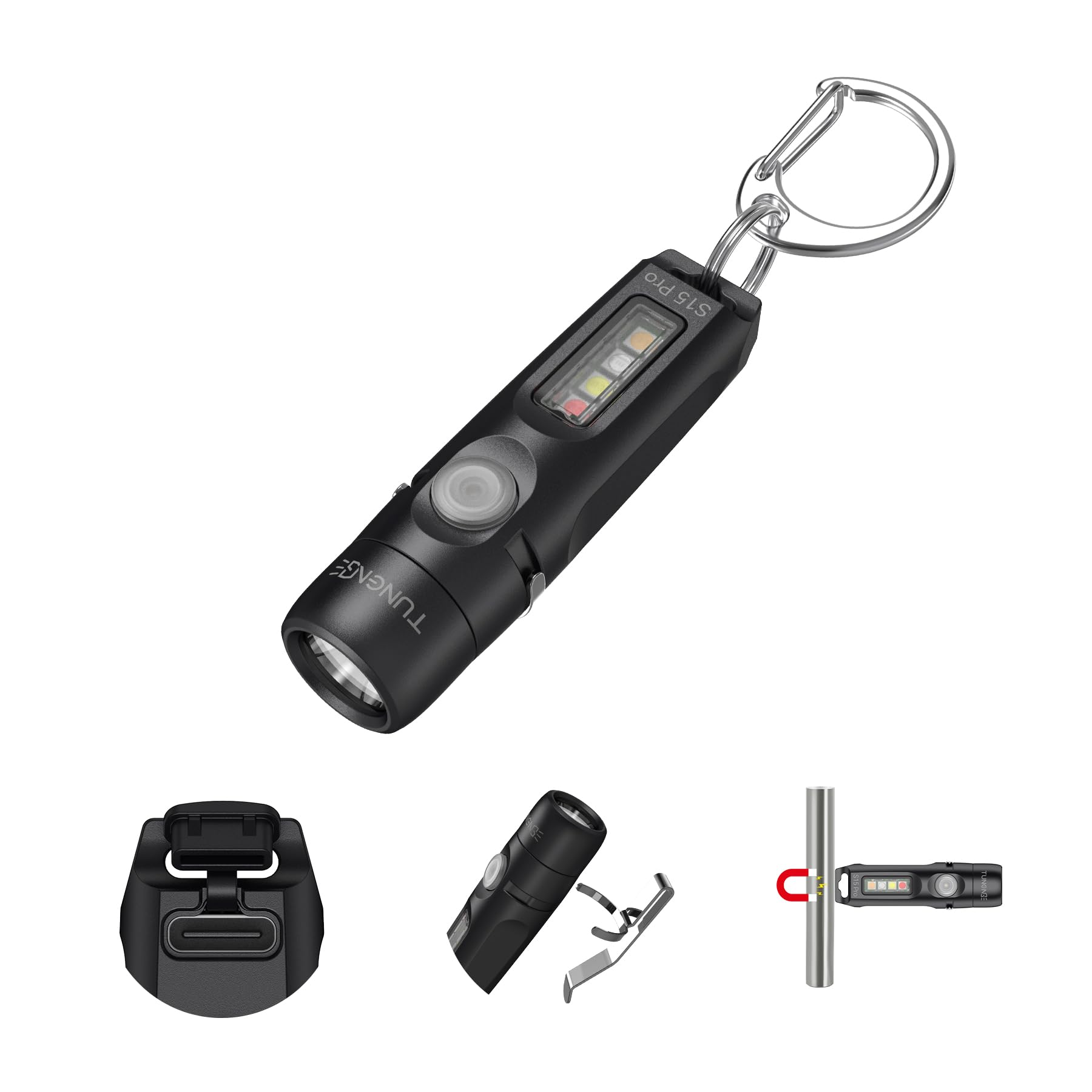 TUNENGE S15Pro キーチェーン懐中電灯、750 高ルーメン EDC ポケット懐中電灯 クリップ付き USB C 充電式ミニ懐中電灯 マグネット付き ハイキング キャンプ 修理に最適 (ブラック)