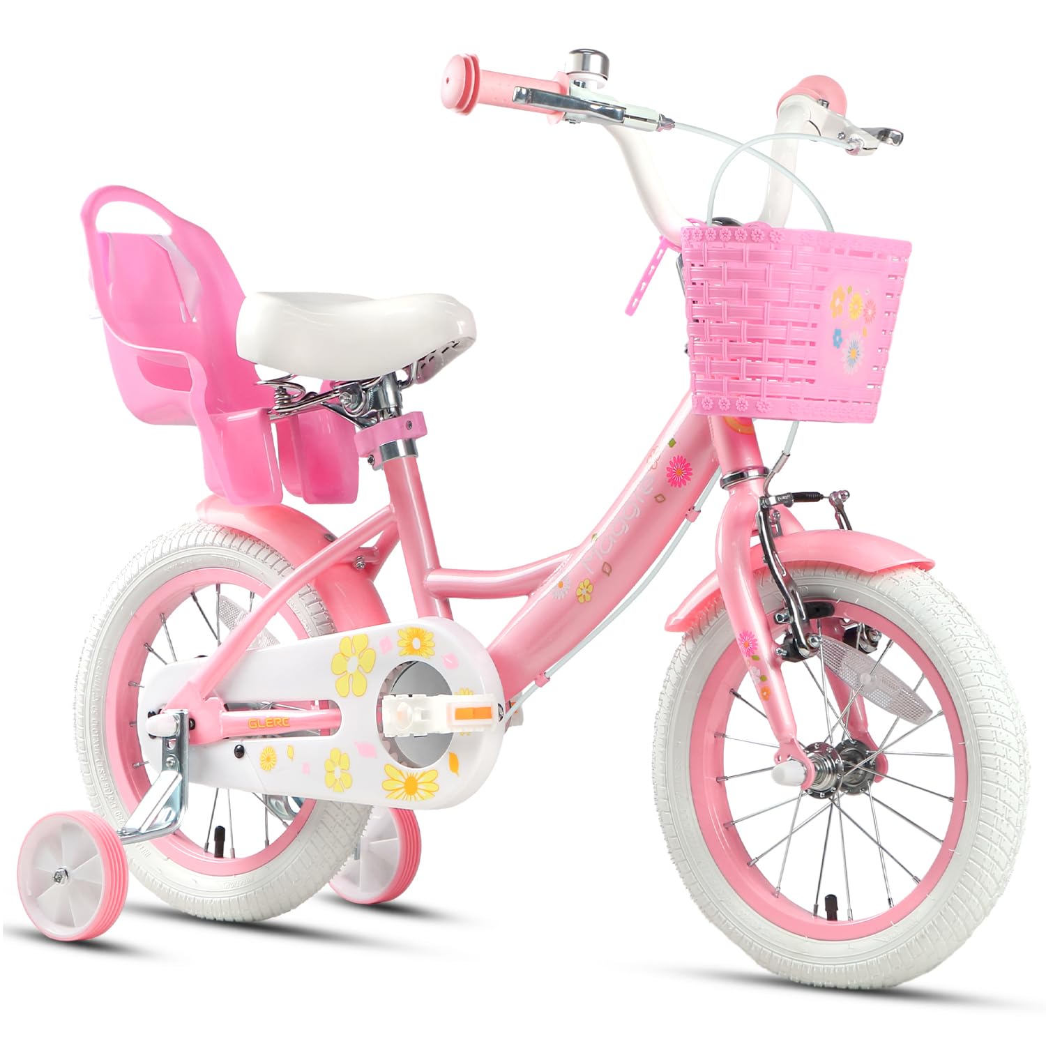 Glerc Maggie 子供用自転車 女の子用 キッズバイク 幼児小学低学年乗り練習 花柄 かご付き ぬいぐるみ座席付き vブレーキ 補助輪付き 3歳4歳5歳6歳 14インチ 白ホワイト桜ピンク｜湖南オンライン
