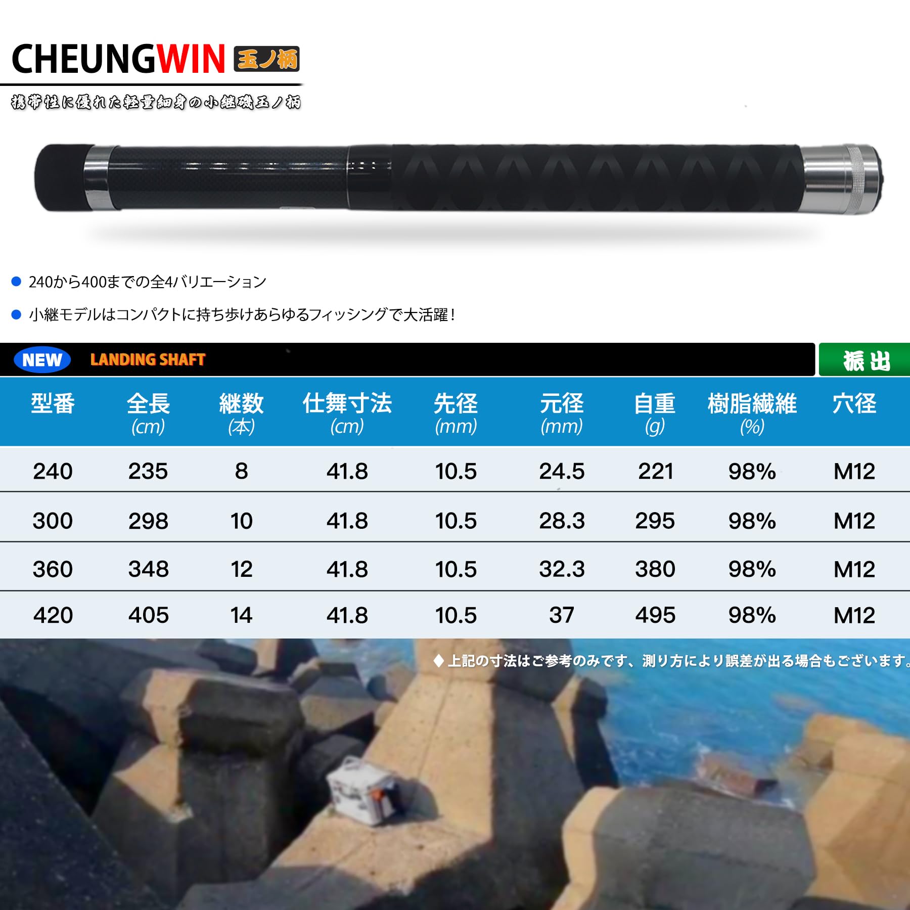 CHEUNG WIN 玉網 タモ網 ランディングネット 伸縮 小継玉の柄 たも網 コンパクト 折りたたみ 玉枠 ナイロンネット たもあみ 淡水海水適用 ブラック 400｜湖南オンライン