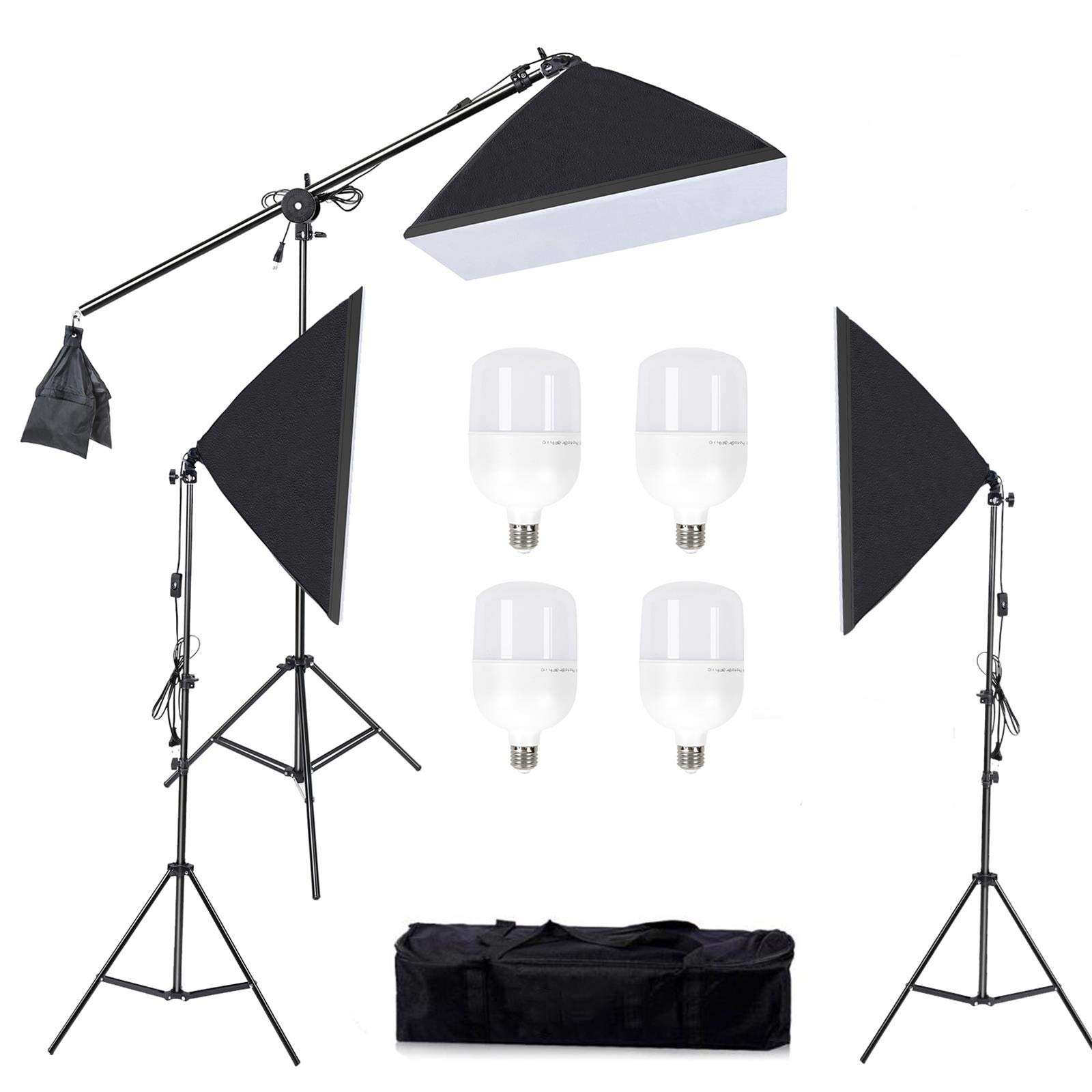 Konseen 写真撮影用照明キット ソフトボックス 50x70cm LED電球 4個 58W 5500K 2M調整可能なライトスタンド 140cm アームブーム スタジオ キャリングバッグ付き