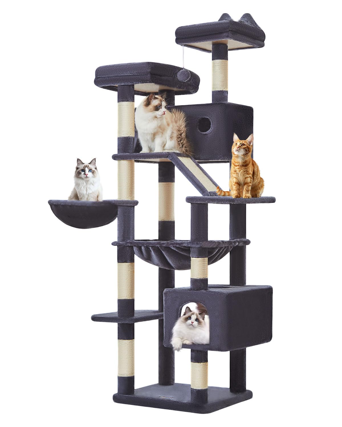 Taoqimiao キャットタワー 高さ180cm 大型猫用 多頭飼い対応 据え置き 省スペース 転倒防止付き 運動不足解消 安定感 天然麻紐の猫の爪とぎボード 特大猫ハウス付き 金属フレームハンモック サイザル麻支柱8本 爪とぎボード 2段展望台 MS0｜湖南オンライン