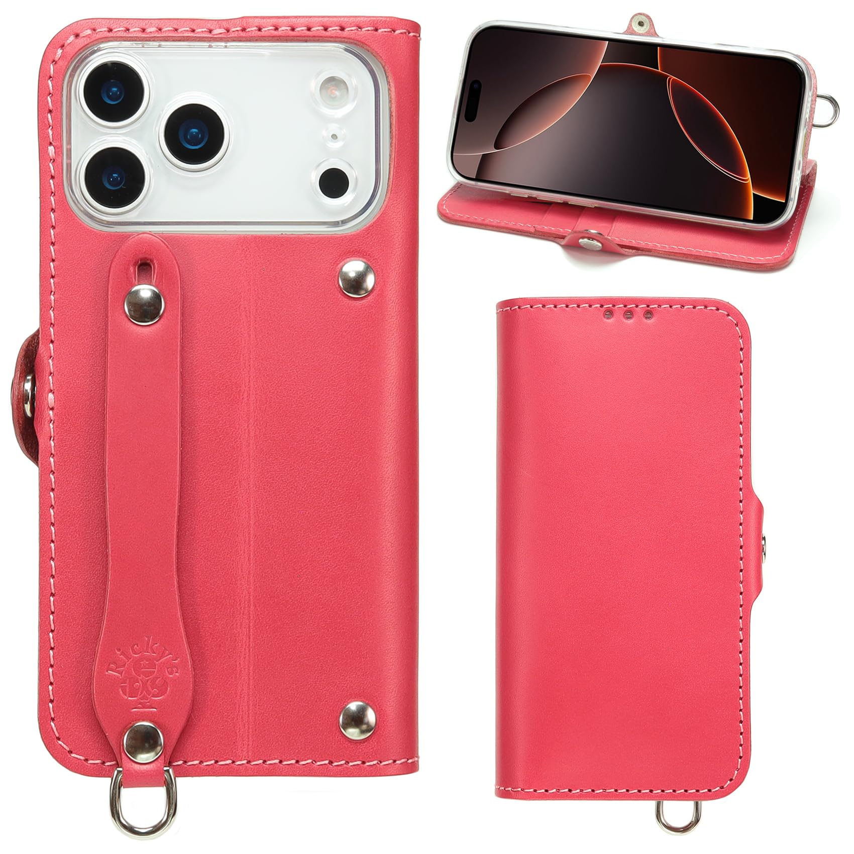 EFGS iPhone17ProMaxと互換性のある 手帳型 ケース 栃木ピンク MSポケット 【左開き】 TPU 栃木レザー 革 本革 日本製 リッキーズ｜湖南オンライン