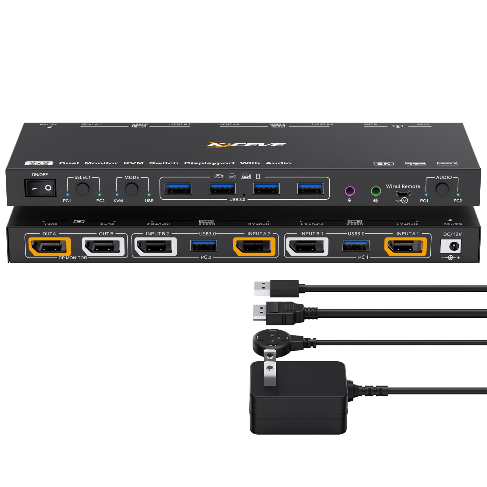 ANXQQ 8K KVM スイッチ DisplayPort 新機能追加:KVM モード/USB モードに対応、2 台のコンピューターで 2 台のモニターを共有、オーディオおよびUSB 3.0ポートを備えた Displayport 切替器、有線リモコンと電源