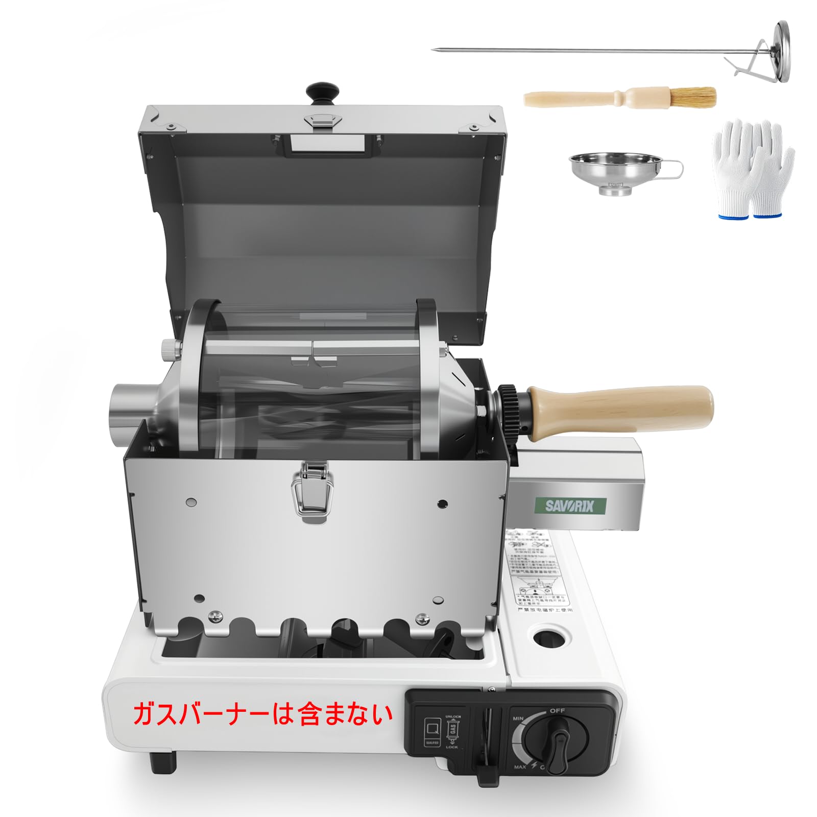 【2025年新モデル】 Savorix 焙煎器 コーヒー コーヒーロースター 家庭用 小型業務用 焙煎均一性強化 透明直火式 最大約500g対応 304ステンレス設計 手袋付き 110V (蓋あり)