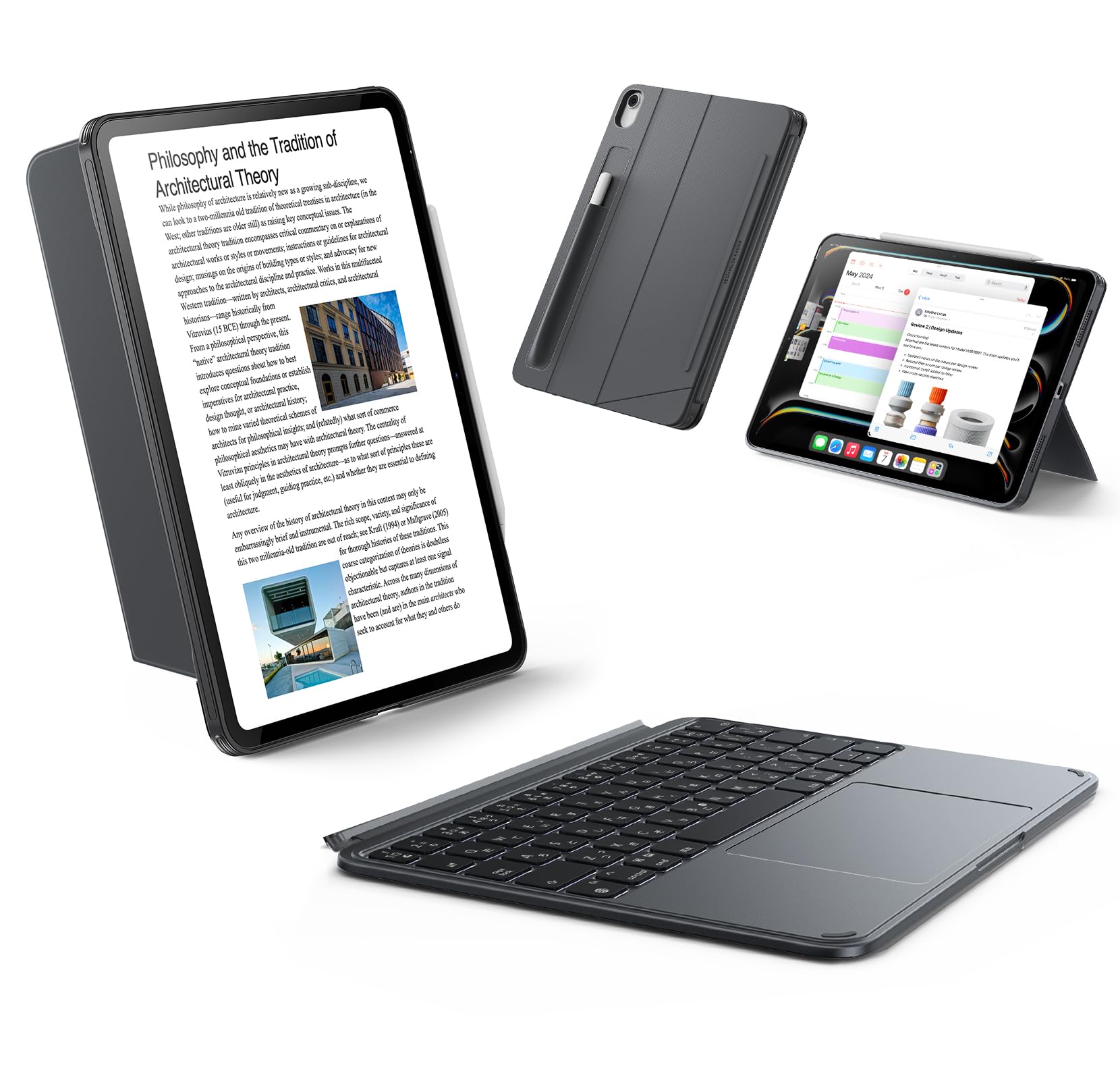 ESR Shift iPad 第11世代(A16, 2025)/第10世代用キーボード付きケース、マグネット脱着式キーボード、縦向き／横向きモード対応、大きいトラックパッド、バックライトキー、ダークグレー｜湖南オンライン