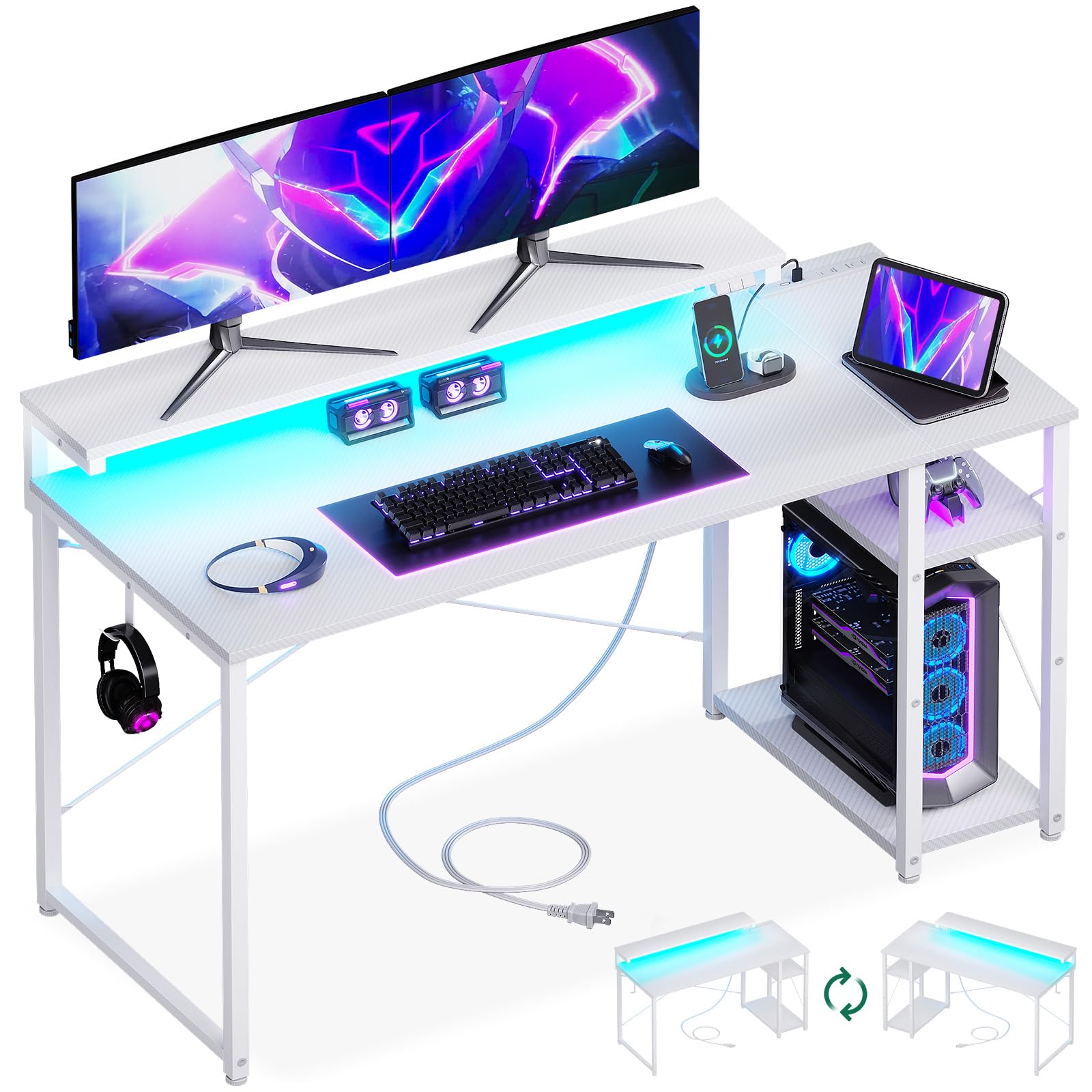 AODK ゲーミングデスク パソコンデスク ラック&コンセント付き 幅120cm 机 pcデスク ゲームデスク gaming desk モニター台&LED付き ゲーミングテーブル 左右入れ替え対応 カーボン調ホワイト
