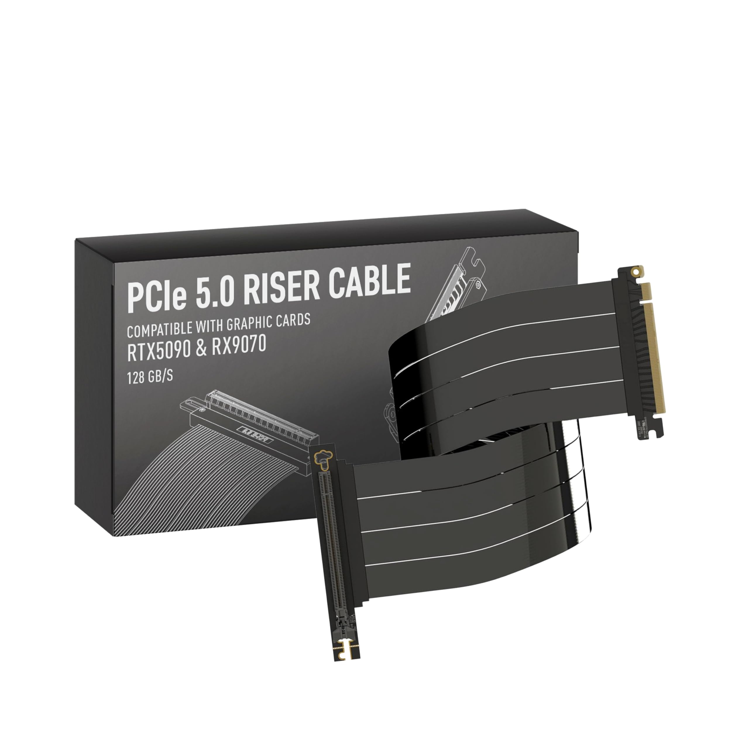 LINKUP - AVA5 PCIE 5.0 ライザーケーブル [70cm（全長 74cm）] RTX5090 RX9070 GPUに対応 | x16 128GB/s速度 | PCIe 4.0 & WRX80/WRX90Eと互換性あり | 右角 ブラック