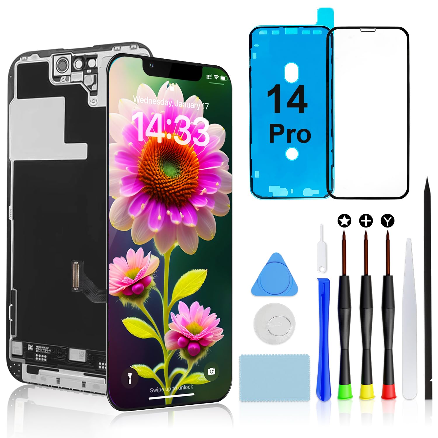 Brinonac 液晶パネル For iPhone 14 Pro の互換性 画面交換 キット - 6.1インチ 修理キット フロントガラス 工具付属