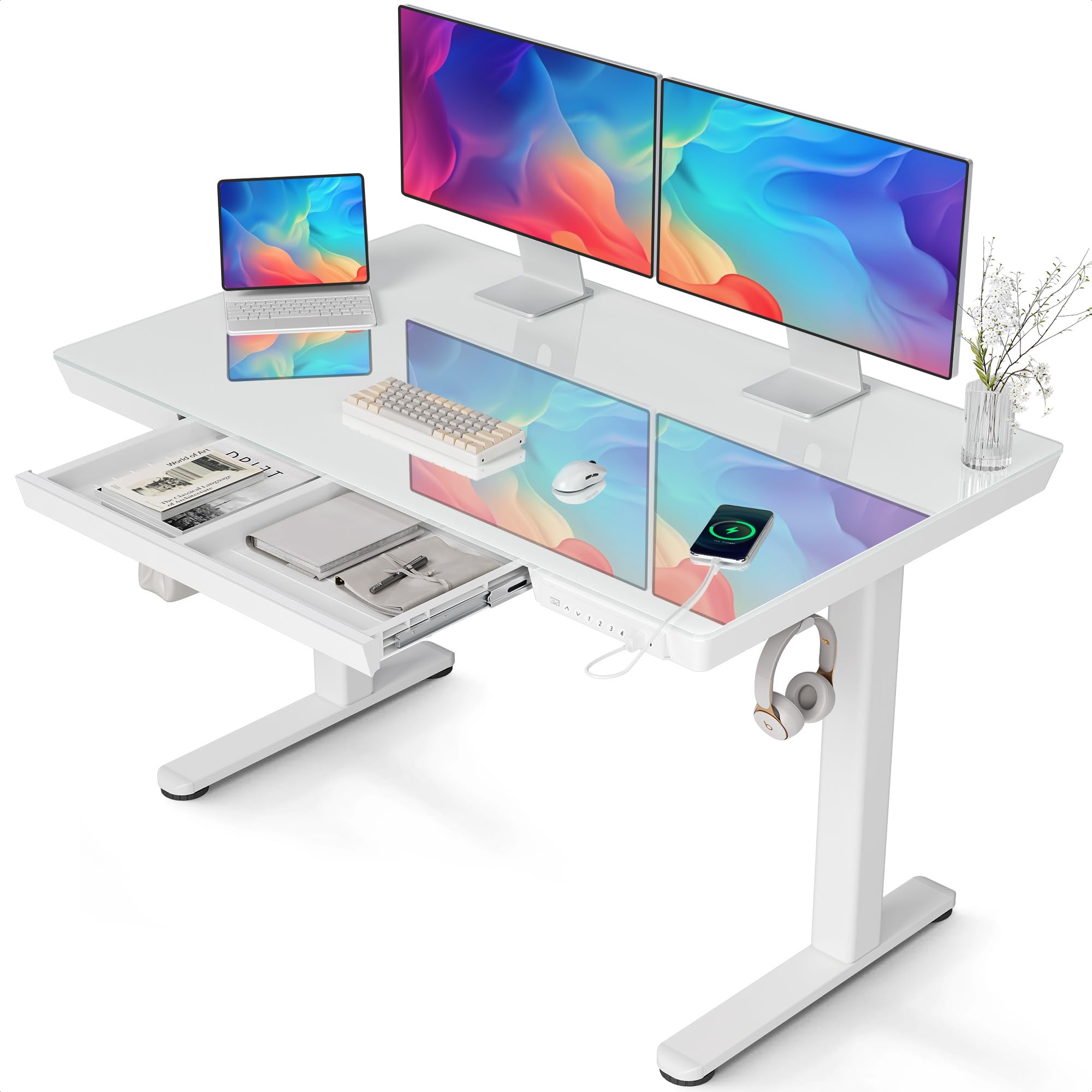 Claiks 昇降デスク ガラス 一枚板 USB/TYPEC充電ポート 引き出し付き スタンディングデスク 昇降式 パソコンデスク オフィステーブル テレワーク用 幅120x奥行き60cm ホワイトフレーム/スーパーホワイトガラス天板|湖南オンライン