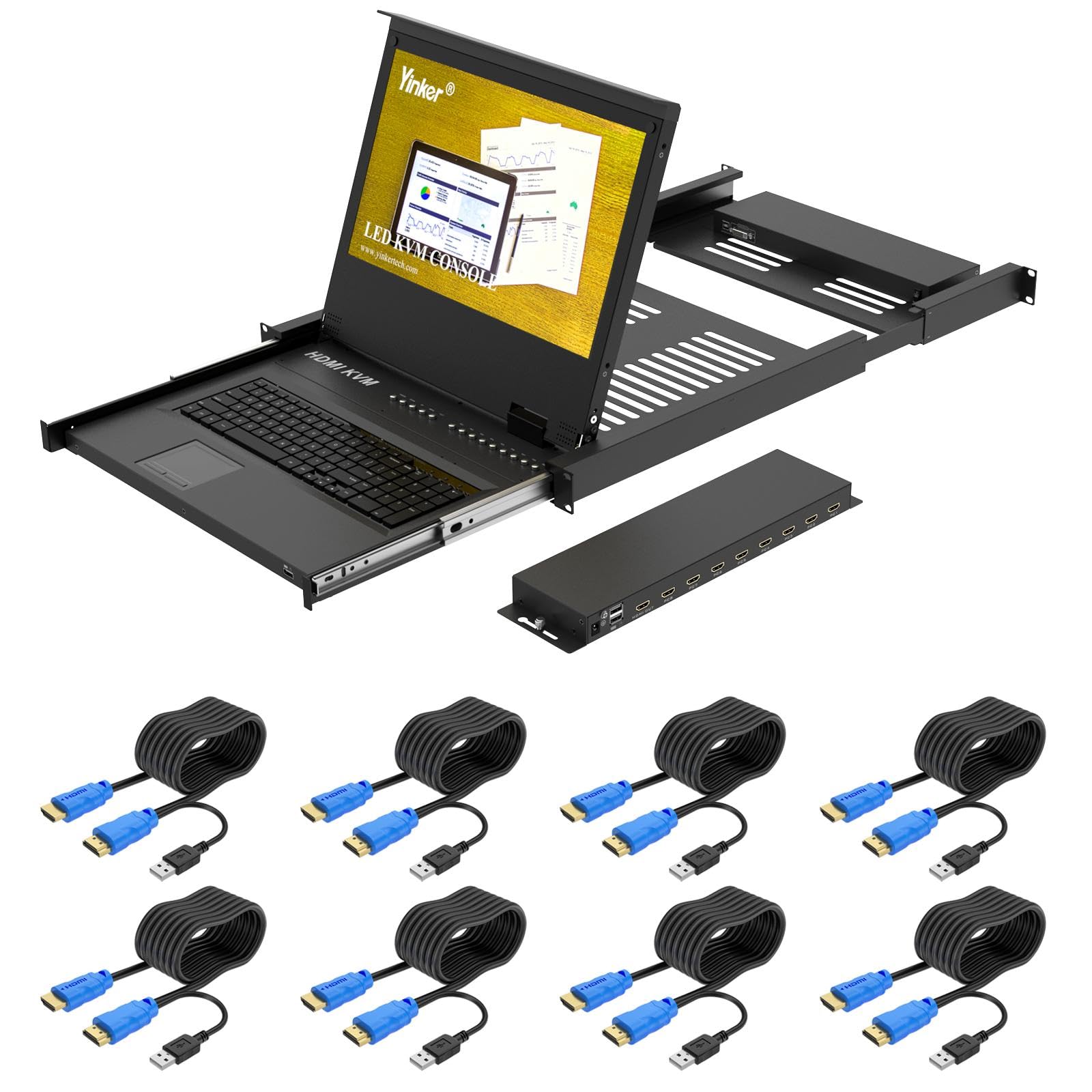 Yinker 8ポート KVMスイッチ HDMI 17.3インチLCDモニター搭載 1U ラックマウント型 1920x1080@60Hz KVMコンソール 1Uラック対応 OSDメニュー/ホットキー切替 ケーブル8本+キーボード+タッチパッド付属｜湖南オンライン